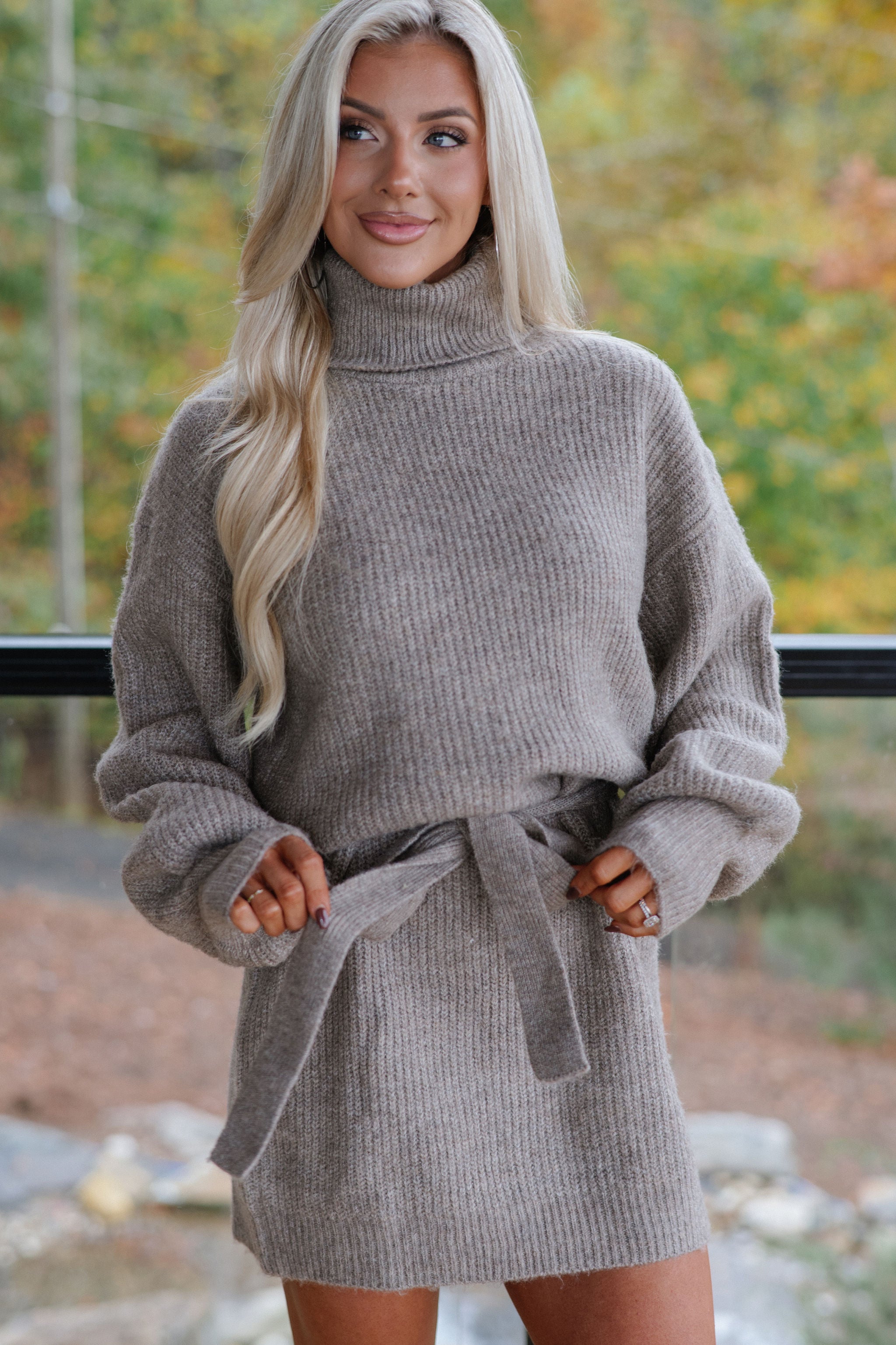 Audrina Sweater Dress-Taupe