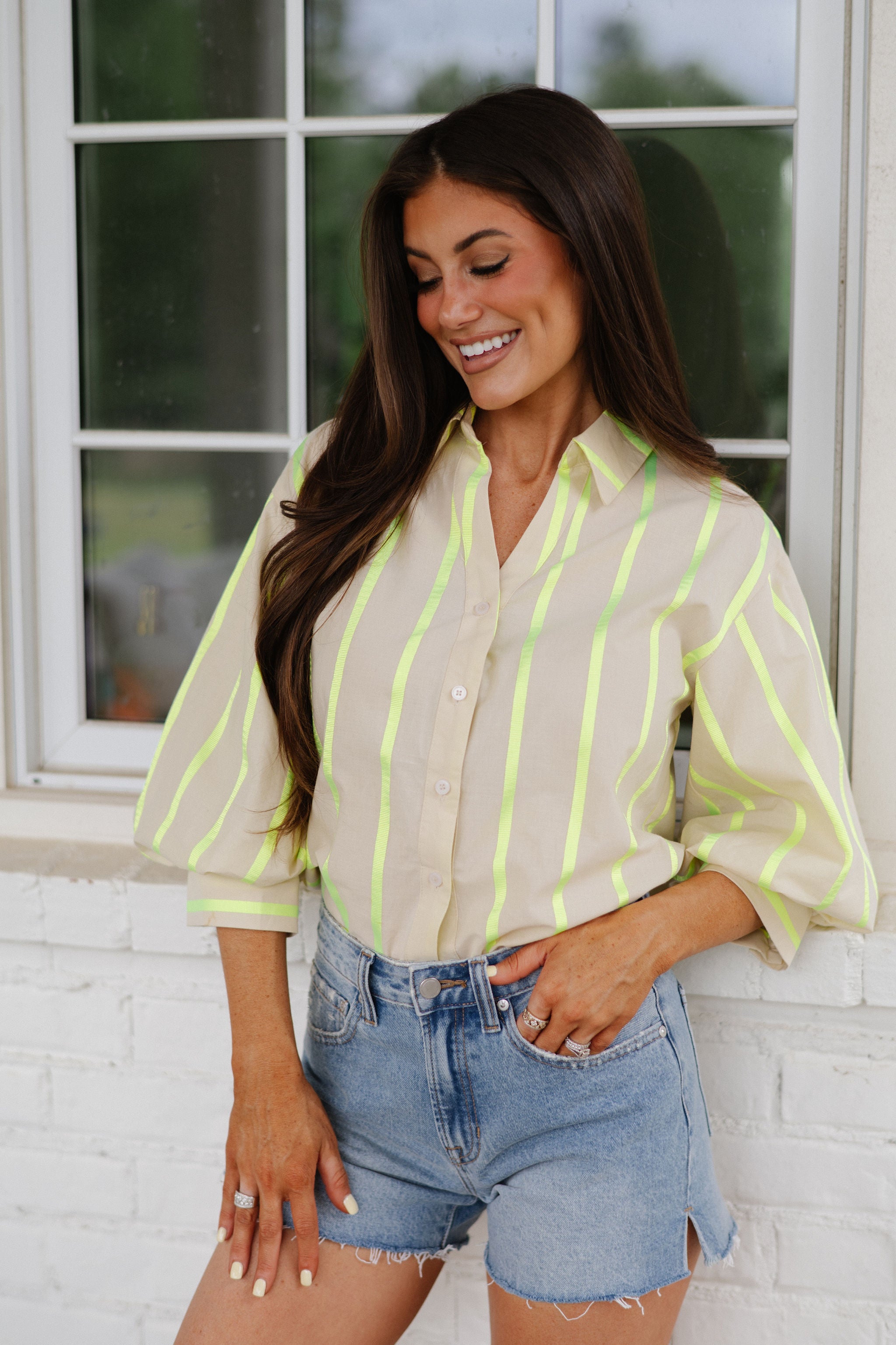 Neon Striped Top-Beige Multi