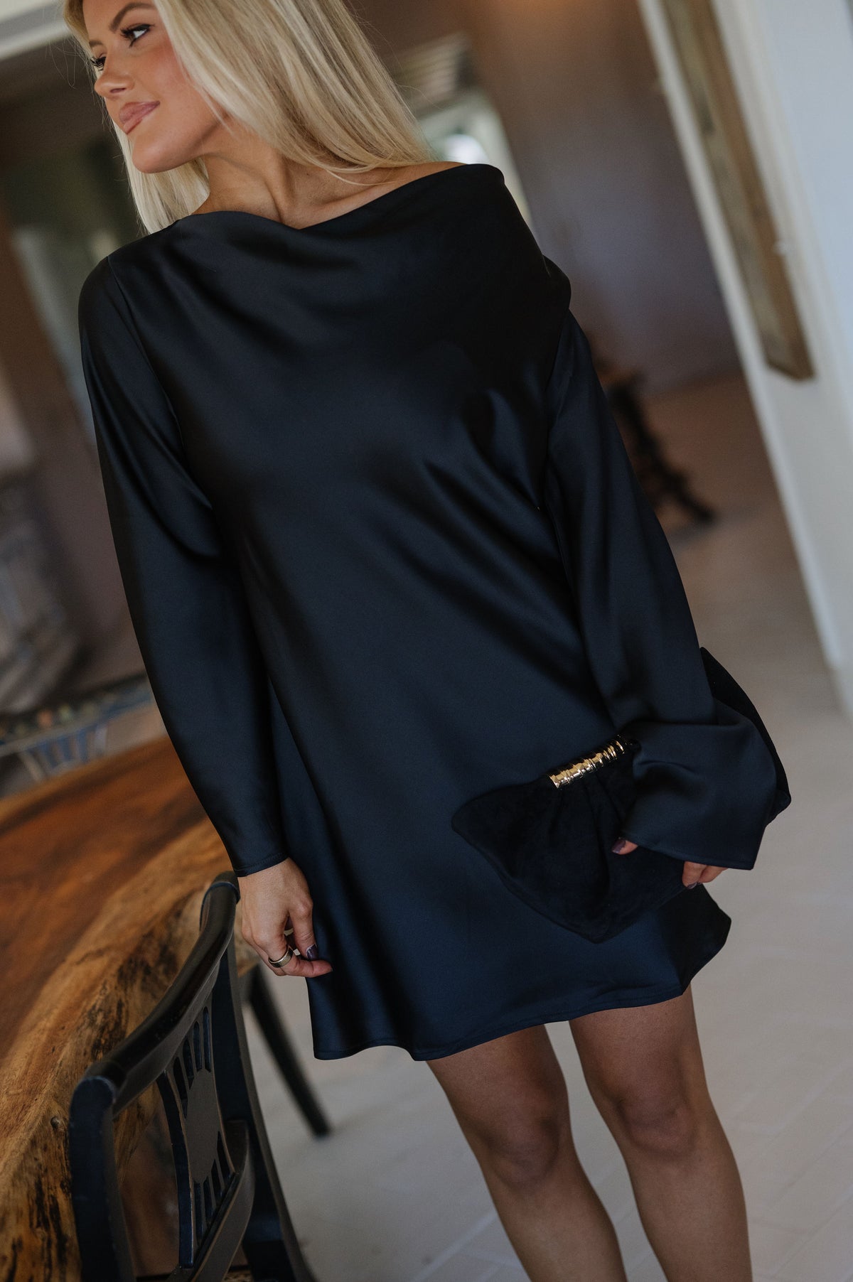 Joy Satin Mini Dress-Black