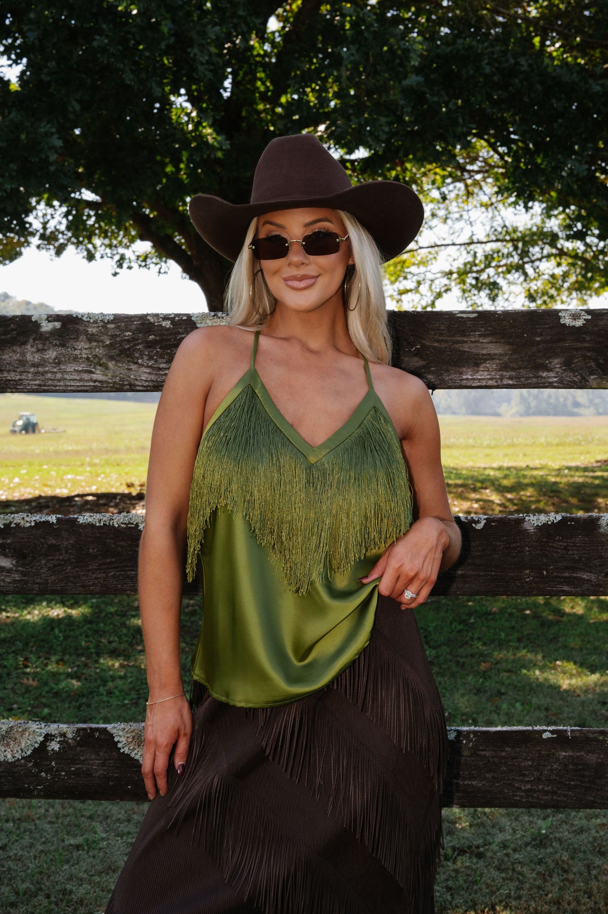 Mia Satin Fringe Top-Olive