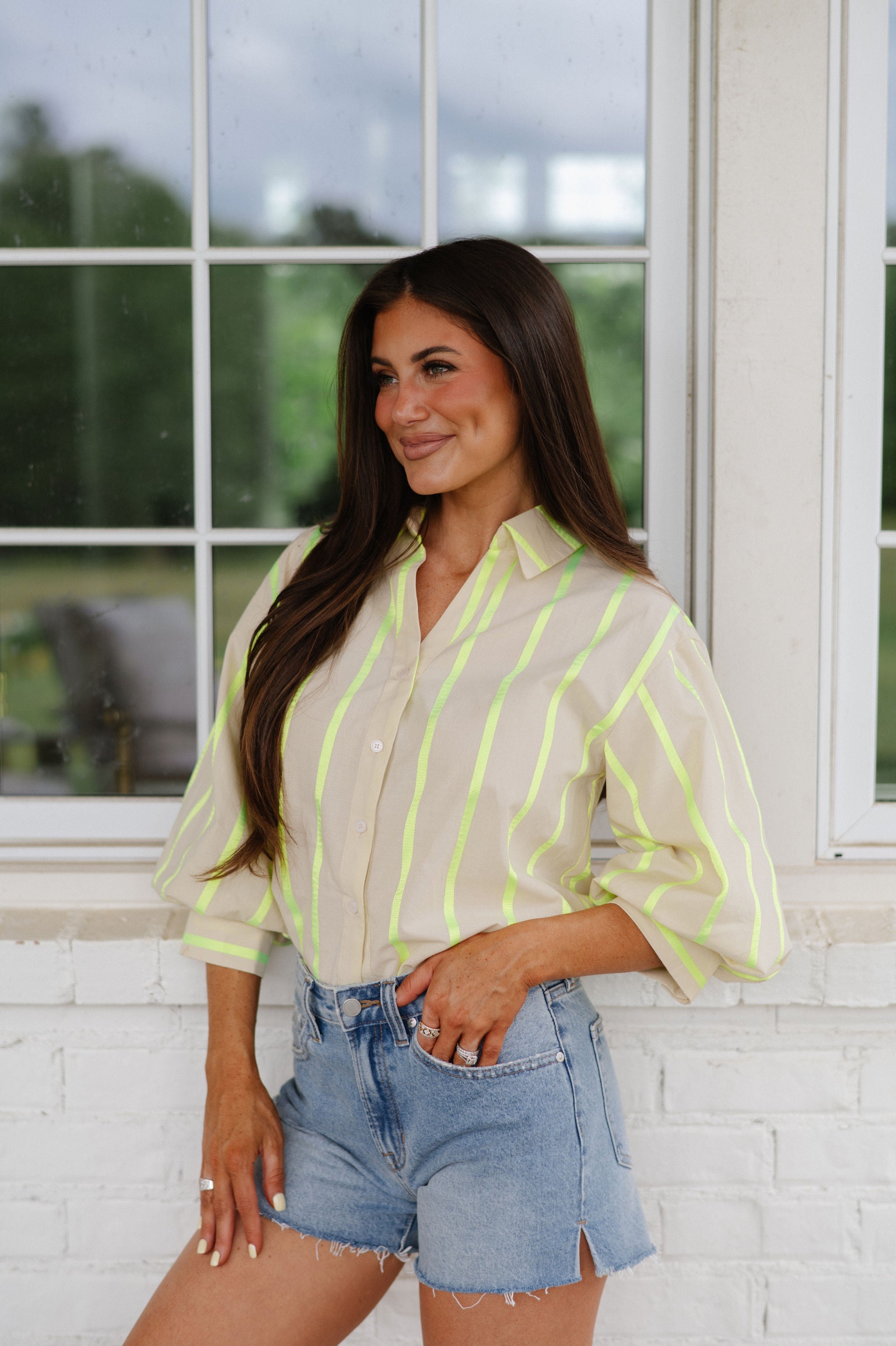 Neon Striped Top-Beige Multi