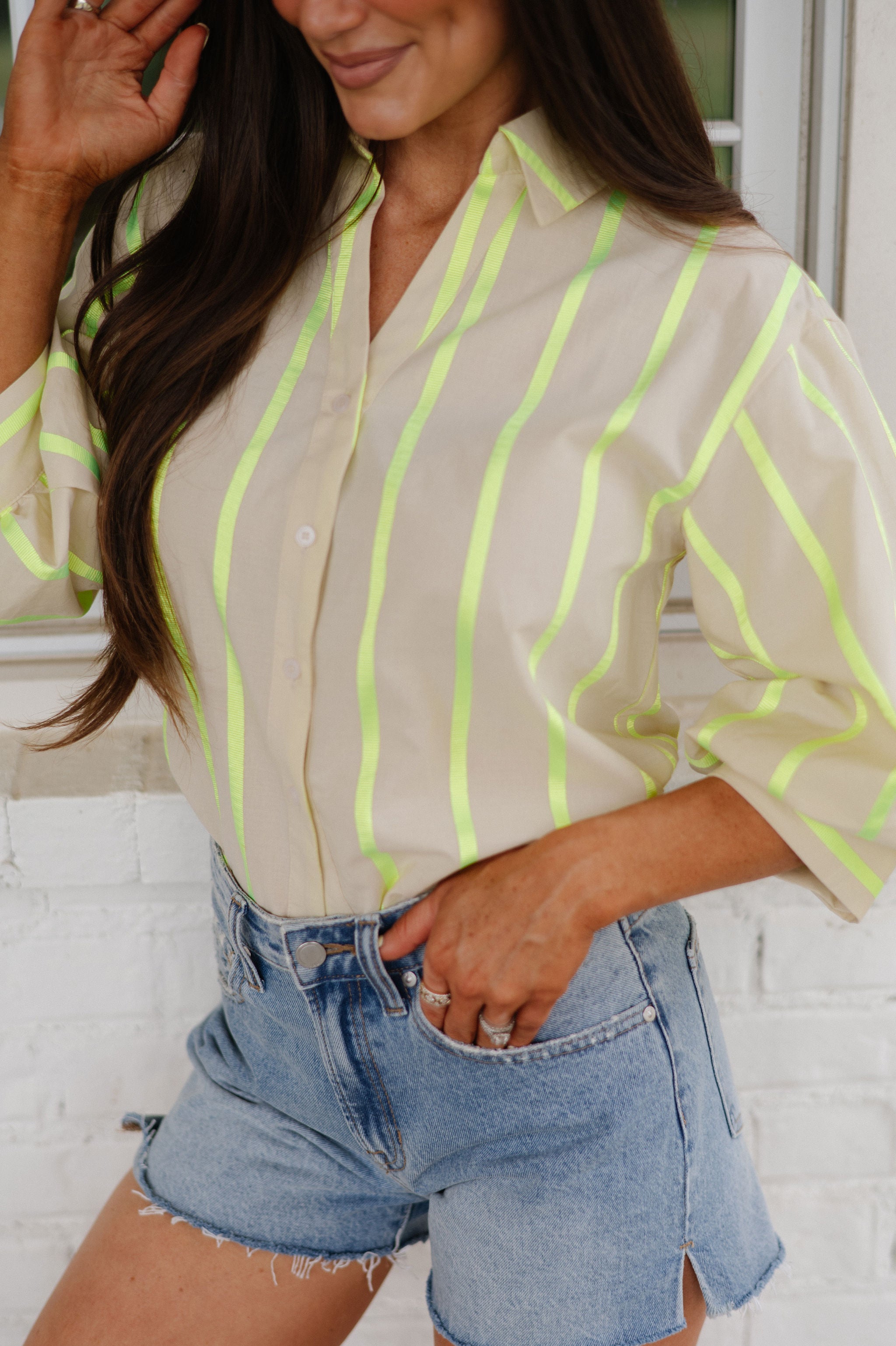 Neon Striped Top-Beige Multi