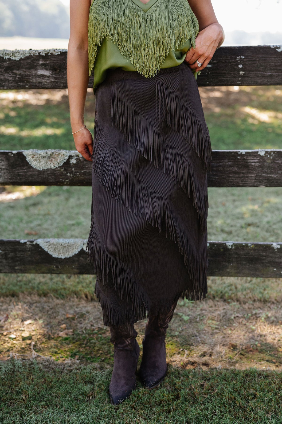 Kaylee Fringe Midi Skirt-Brown