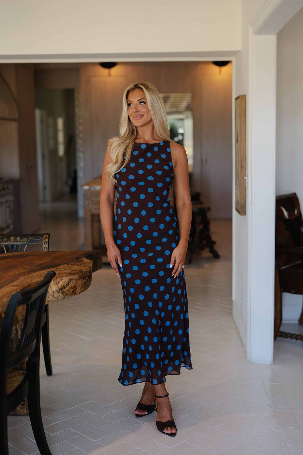 Miley Polka Dot Sleeveless Midi Dress-Brown/Blue