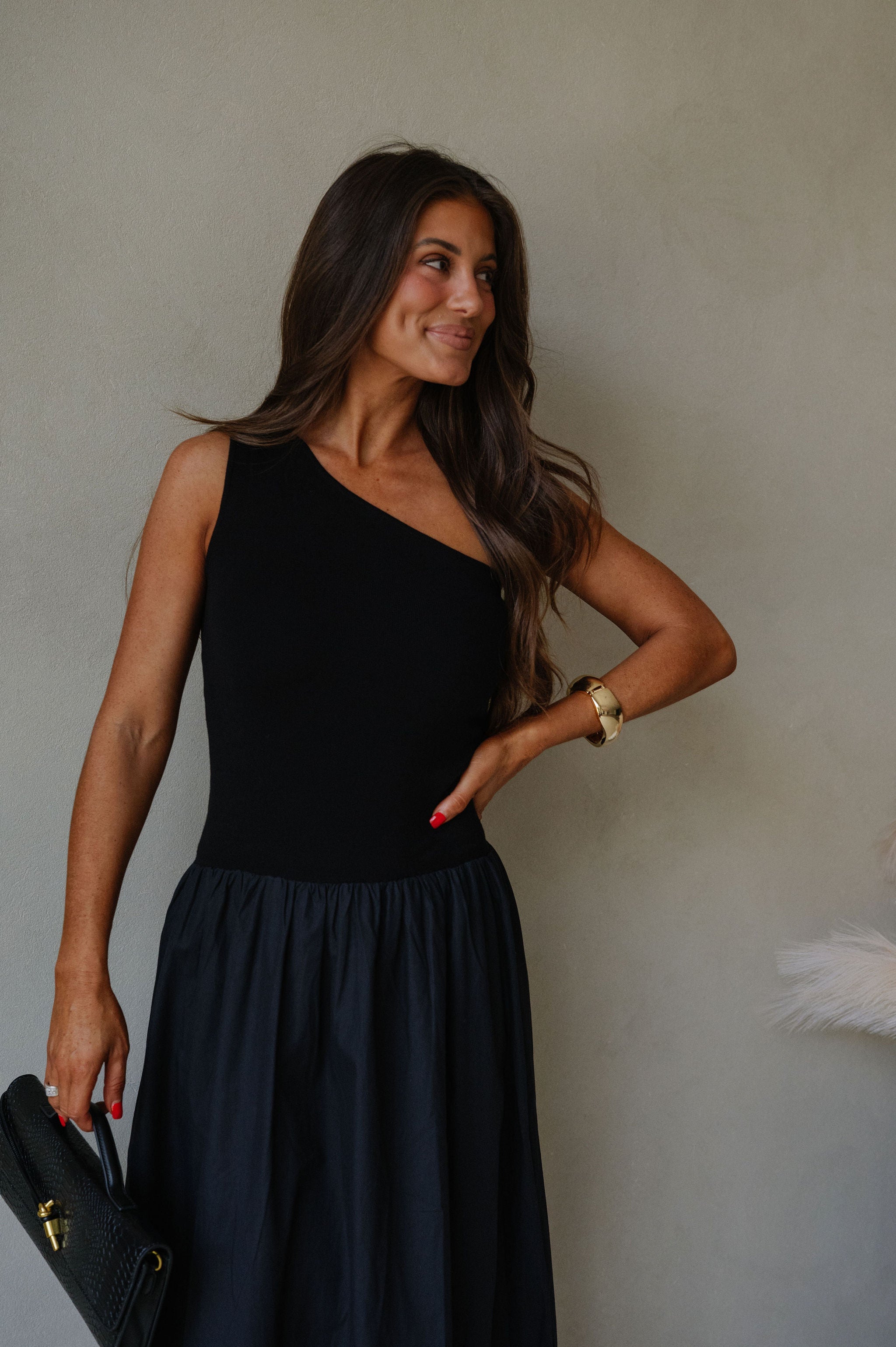 Hosanna One Shoulder Contrasted Dress-Black