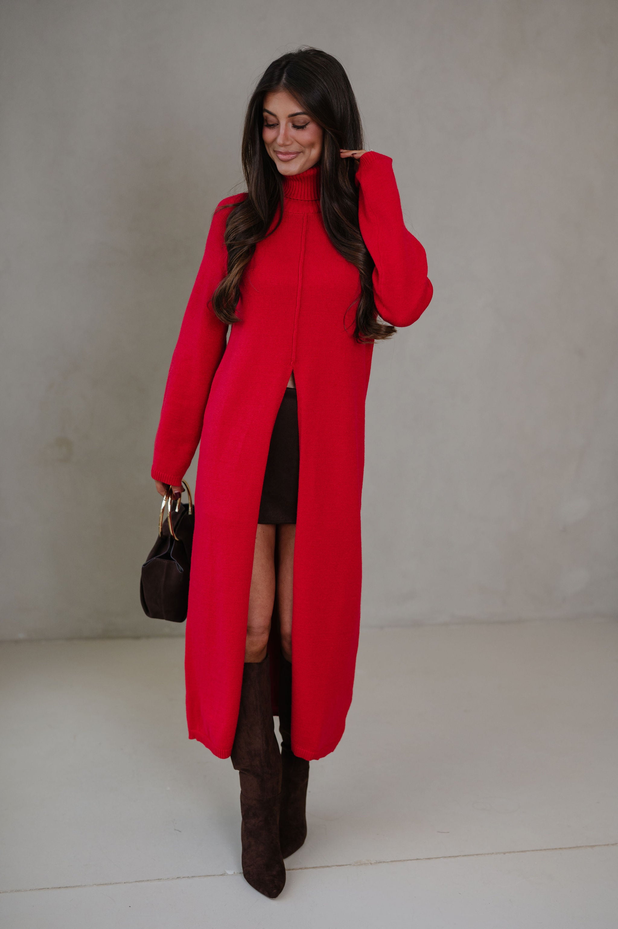Split Hem Long Sweater-Red