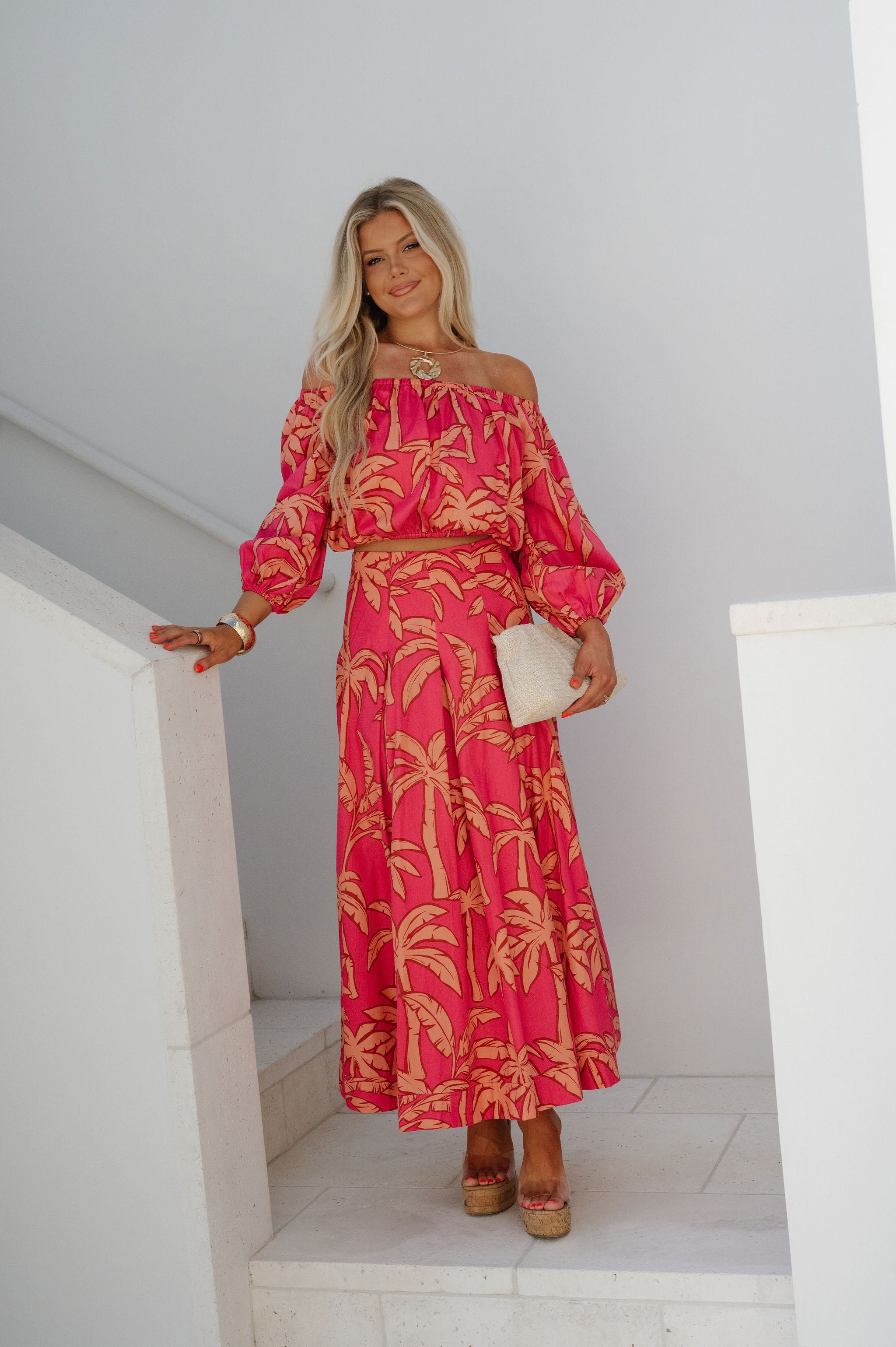 Kailani OTS Floral Skirt Set-Pink
