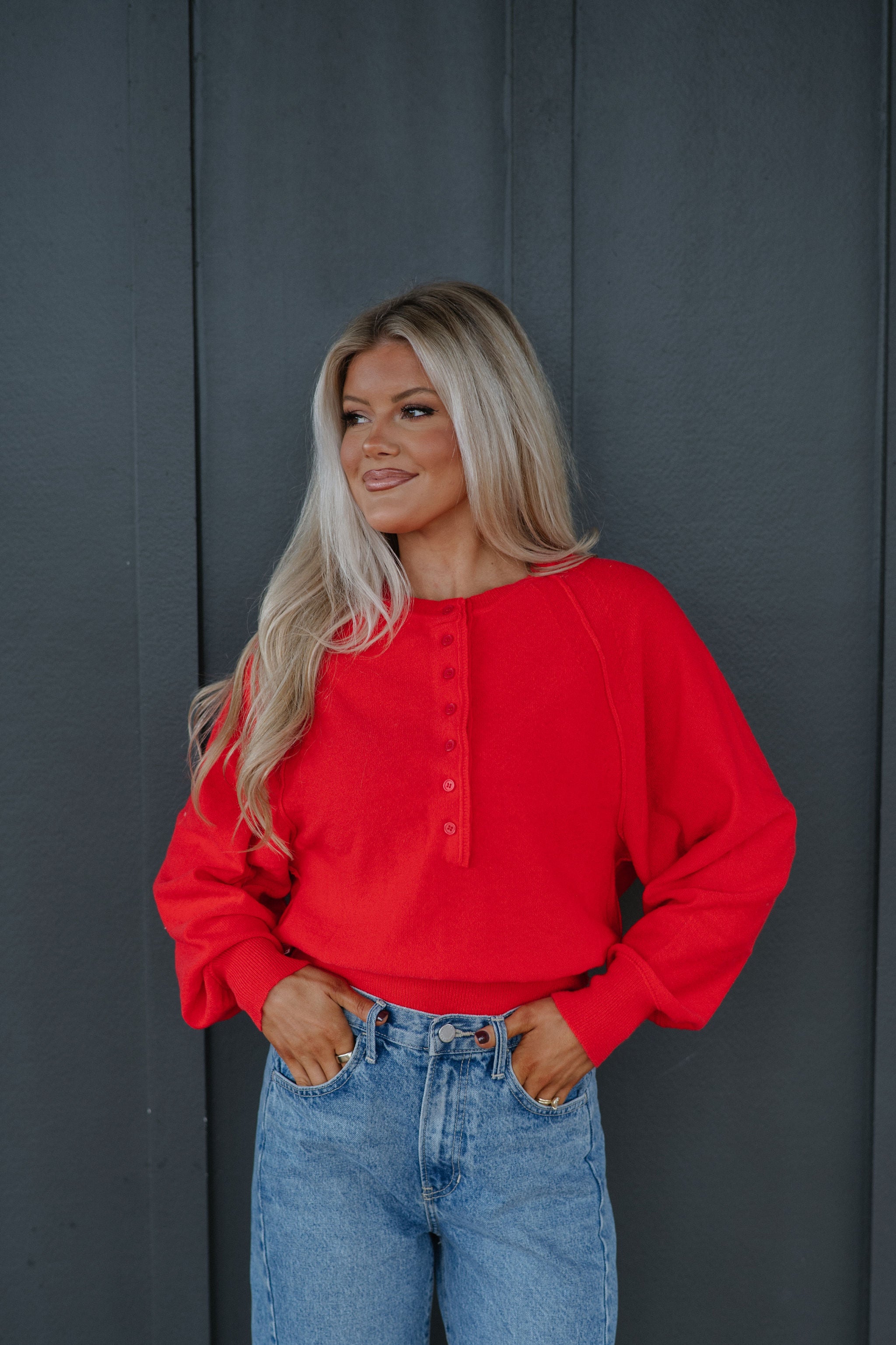 Candace Quarter Button Sweater-Red