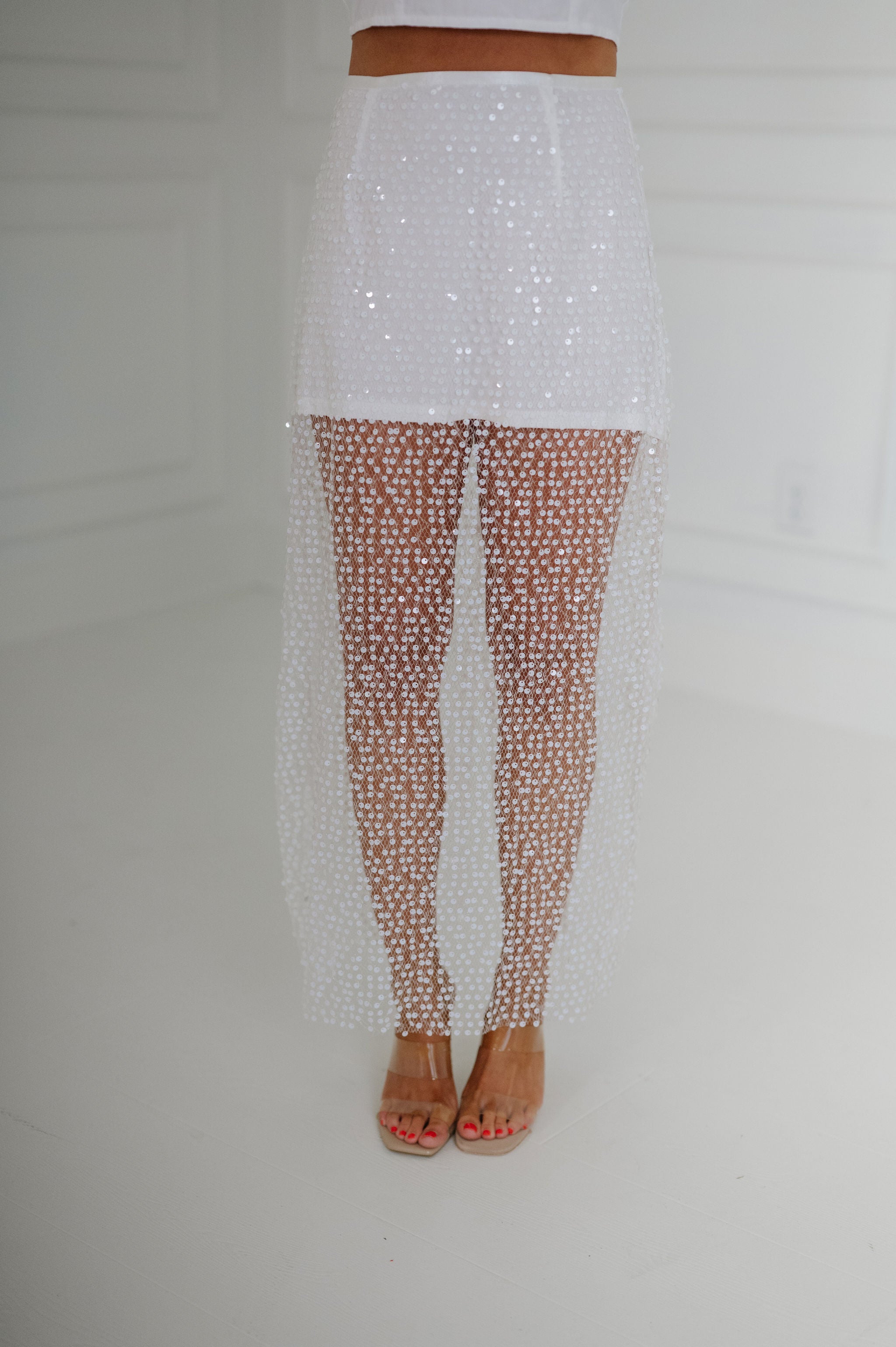 Sheer Sequin Midi Skirt- White