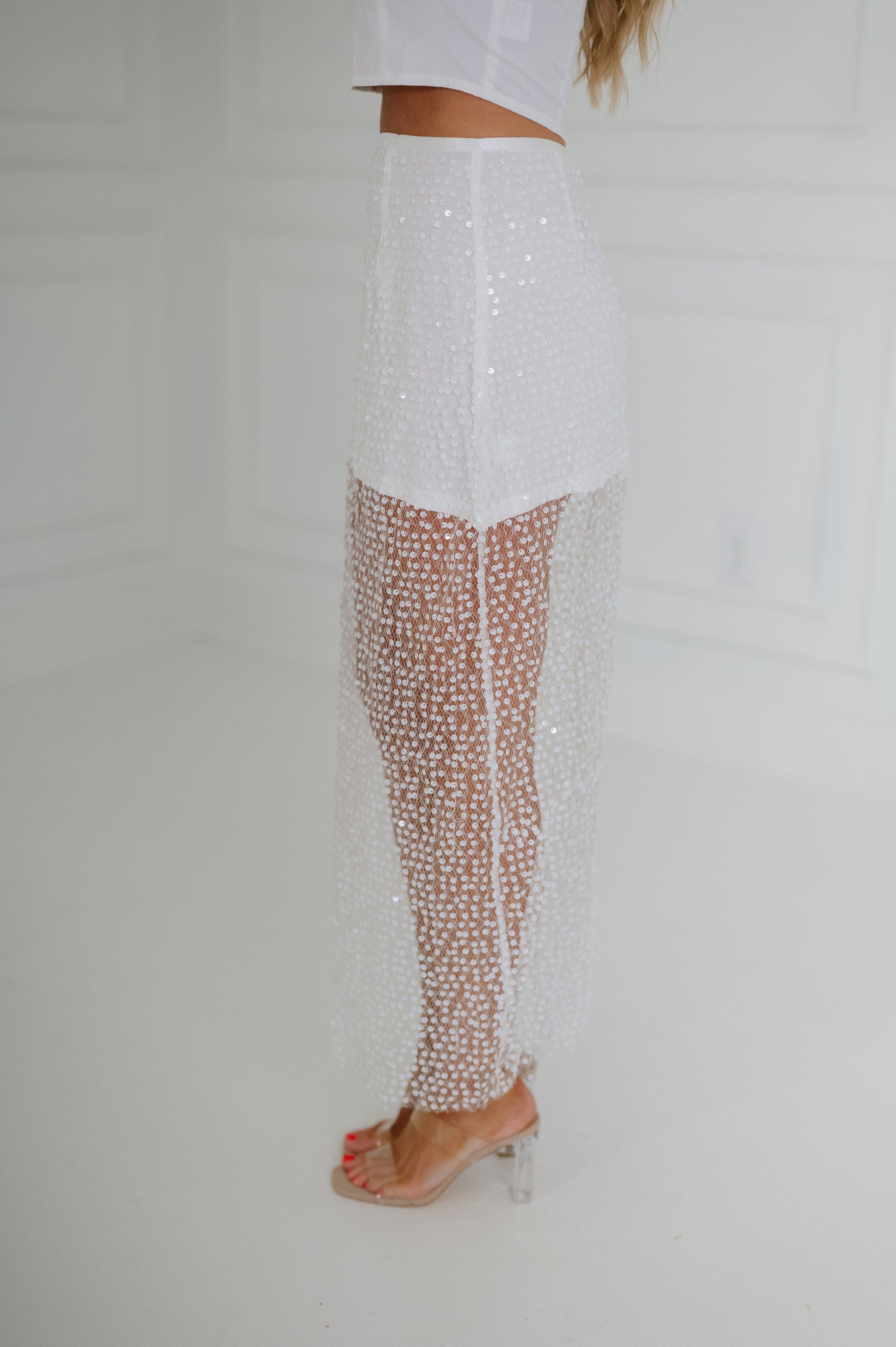 Sheer Sequin Midi Skirt- White