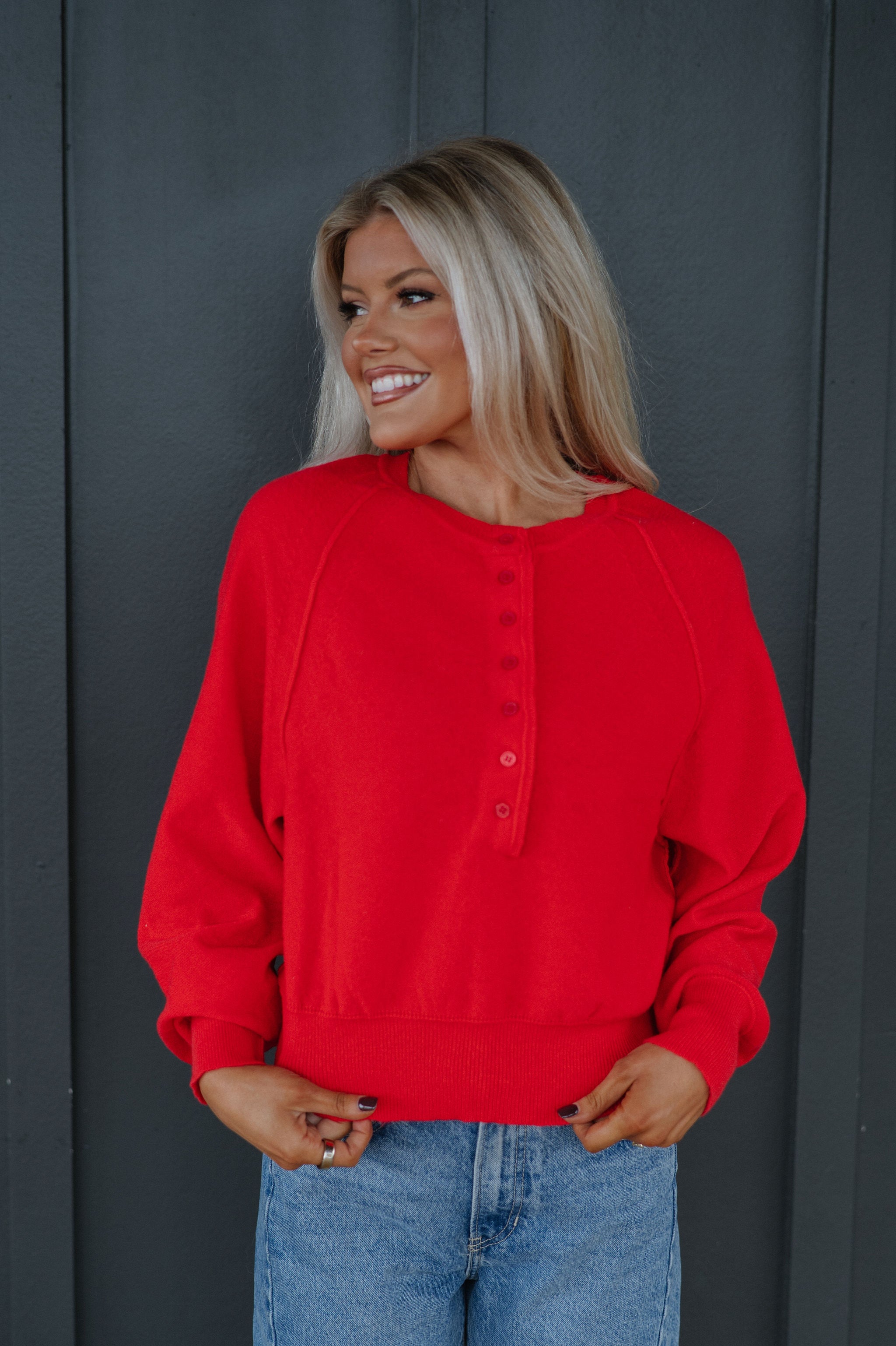 Candace Quarter Button Sweater-Red