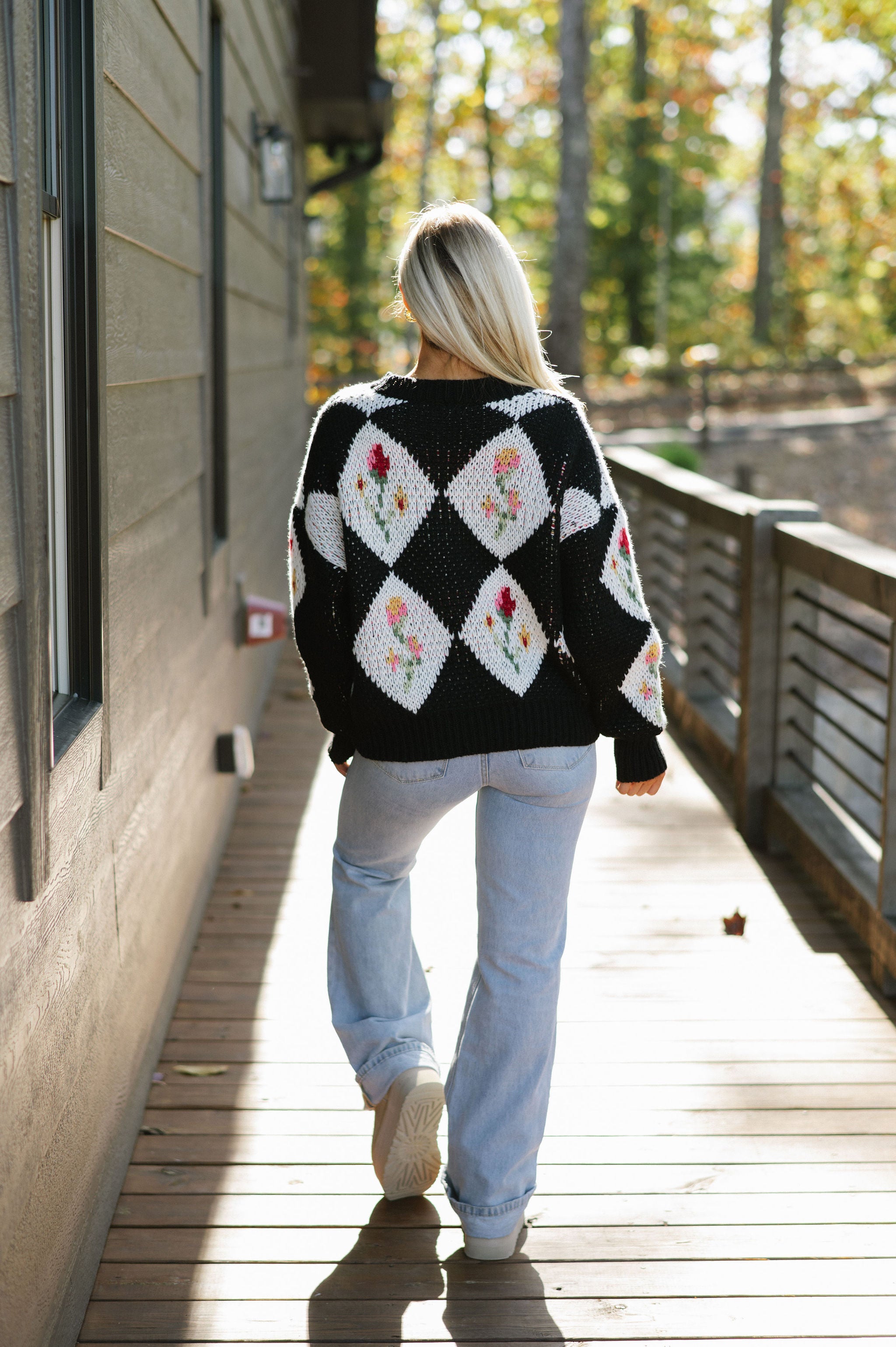 Doorbuster! Vintage Flower & Diamond Sweater-Black