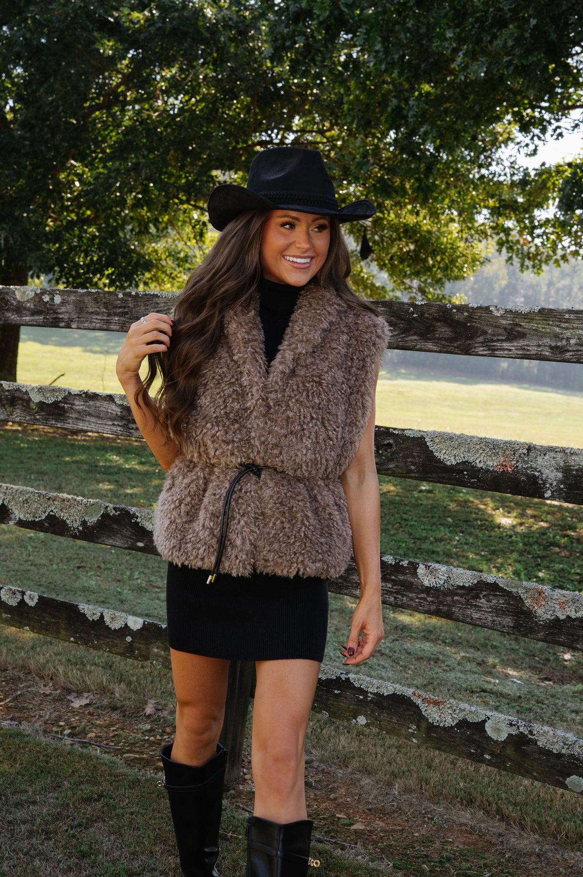 Faux Fur Belted Vest-Mocha