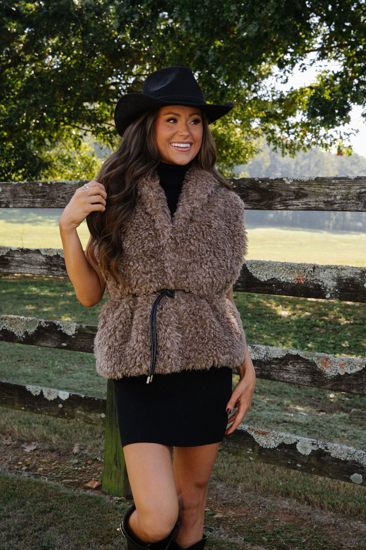 Faux Fur Belted Vest-Mocha