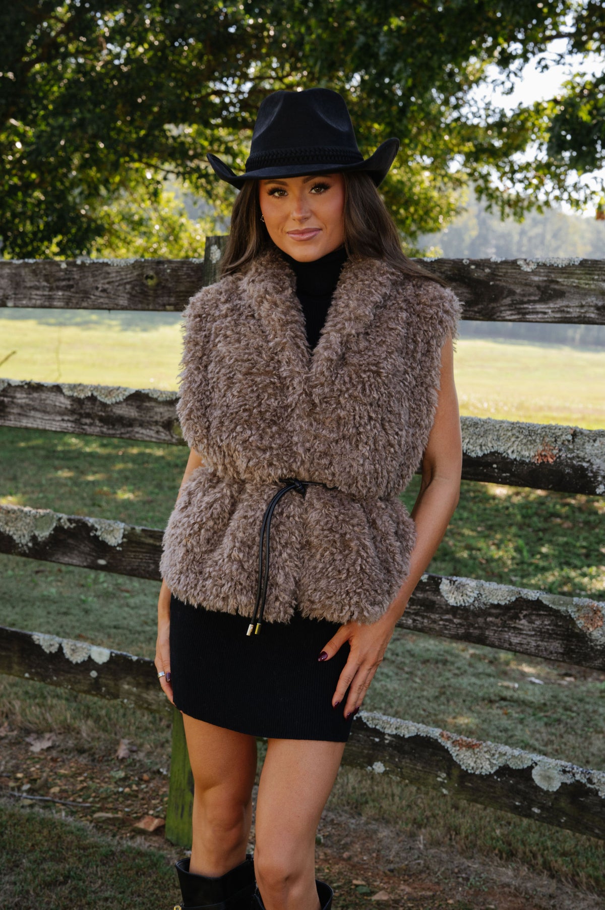 Faux Fur Belted Vest-Mocha