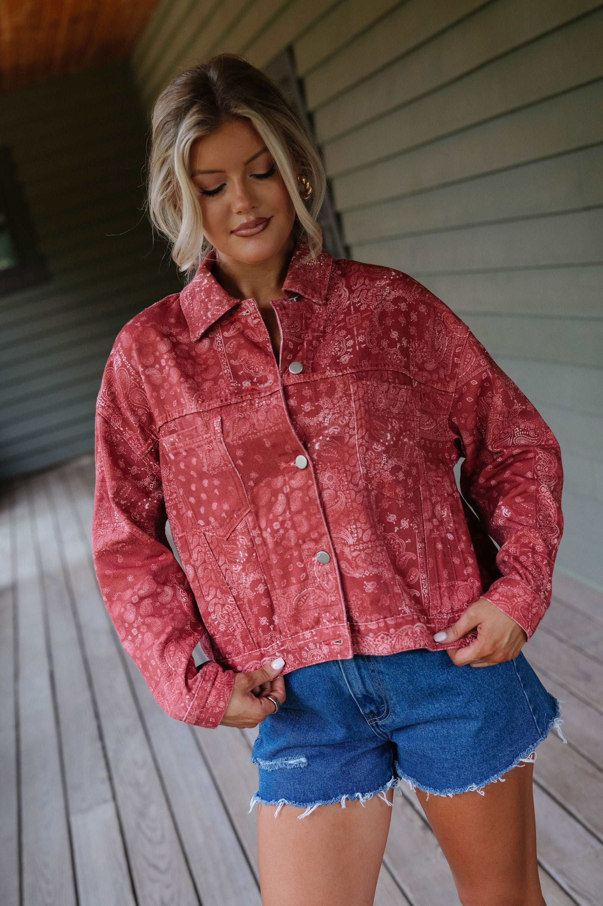 Washed Bandana Print Jacket-Burnt Red