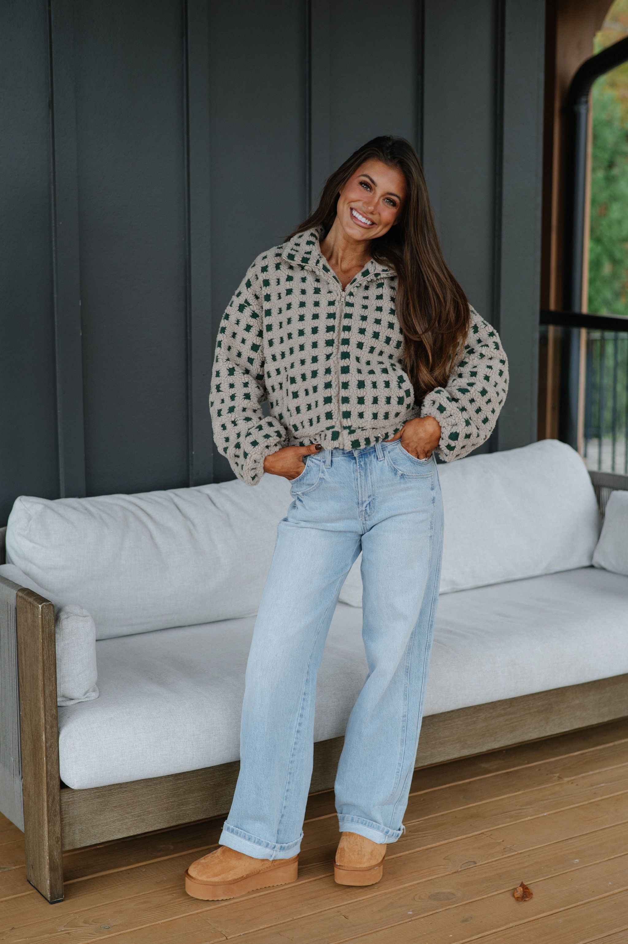 Checkered Sherpa Jacket-Taupe/Hunter Green