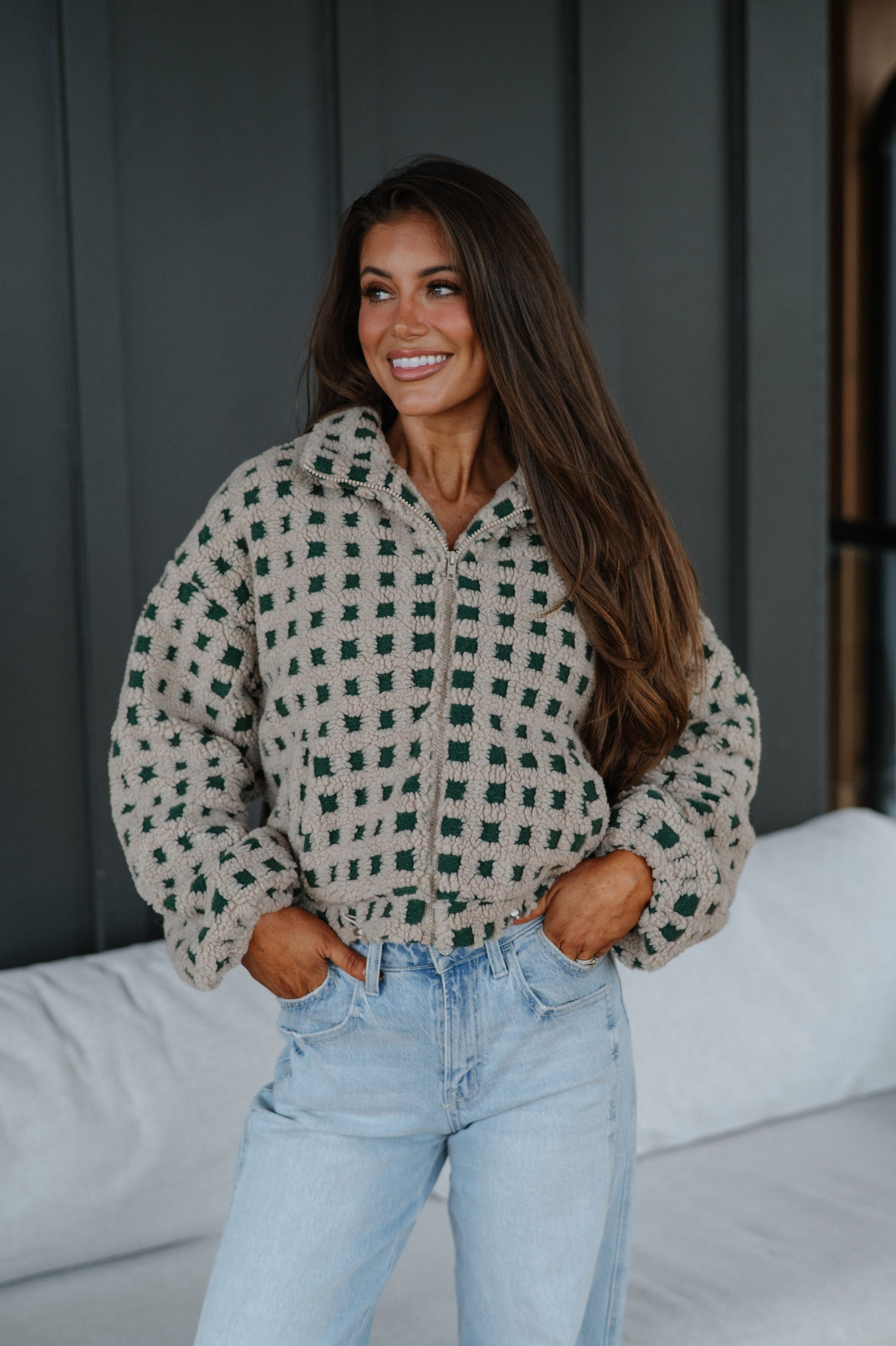 Checkered Sherpa Jacket-Taupe/Hunter Green