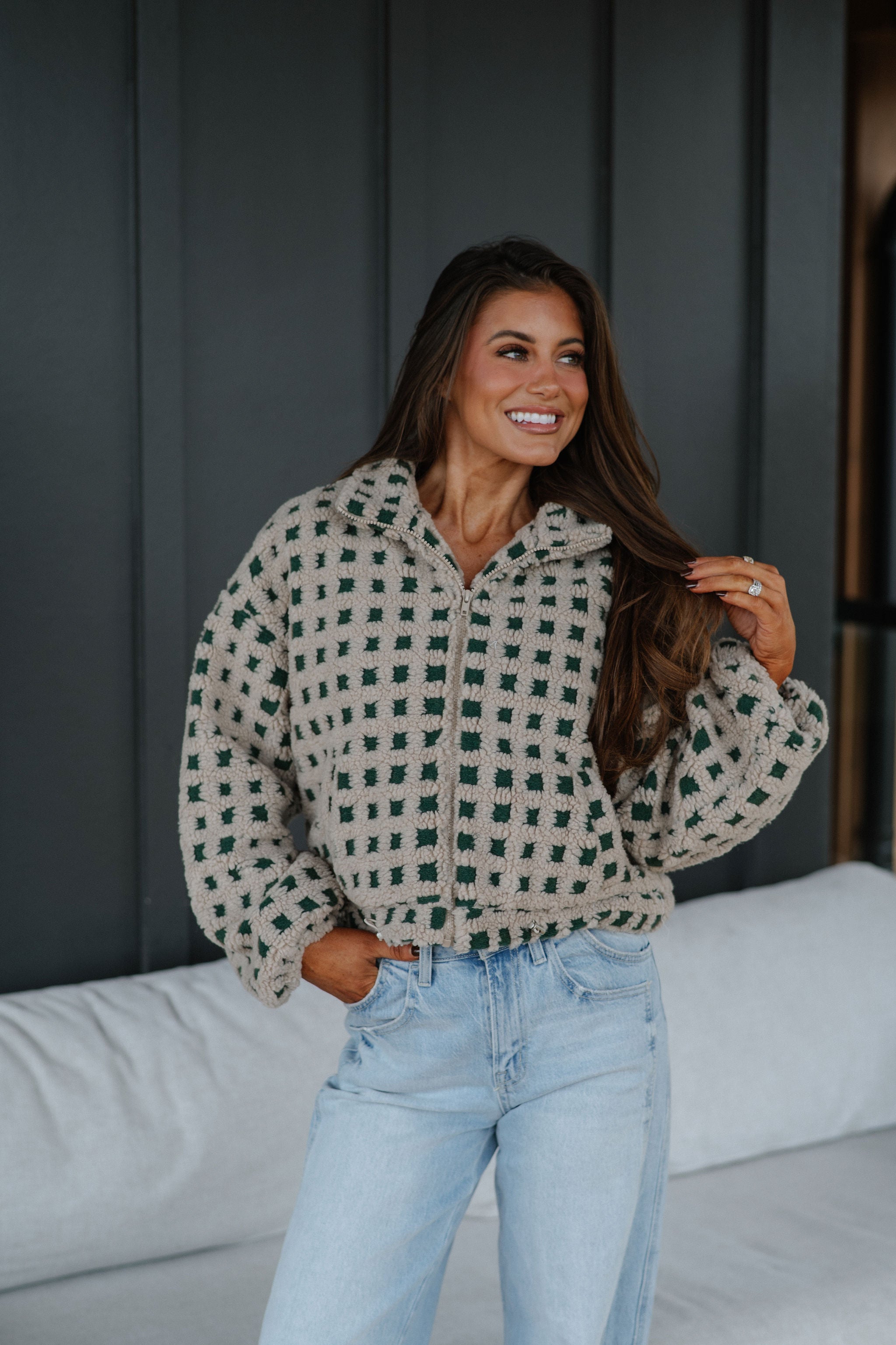 Checkered Sherpa Jacket-Taupe/Hunter Green