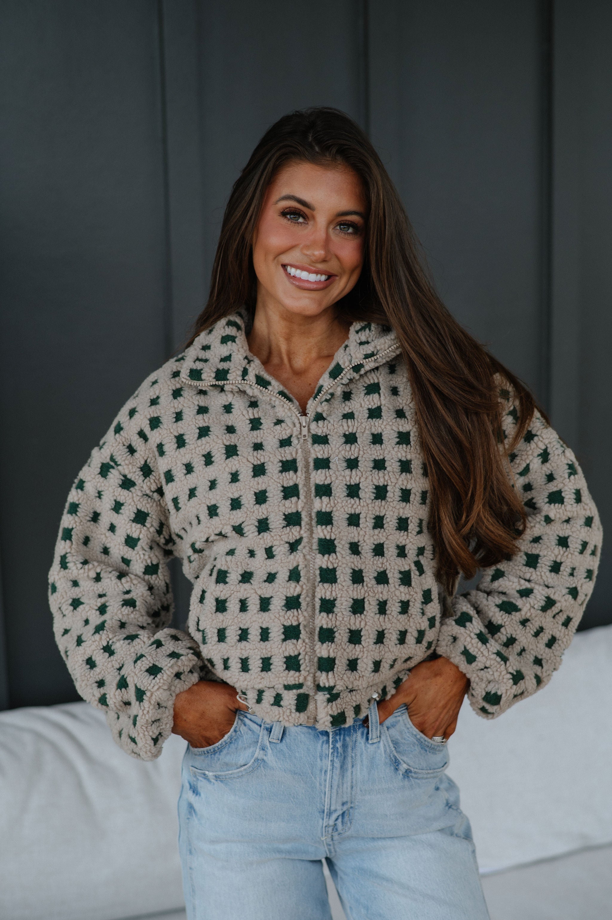 Checkered Sherpa Jacket-Taupe/Hunter Green