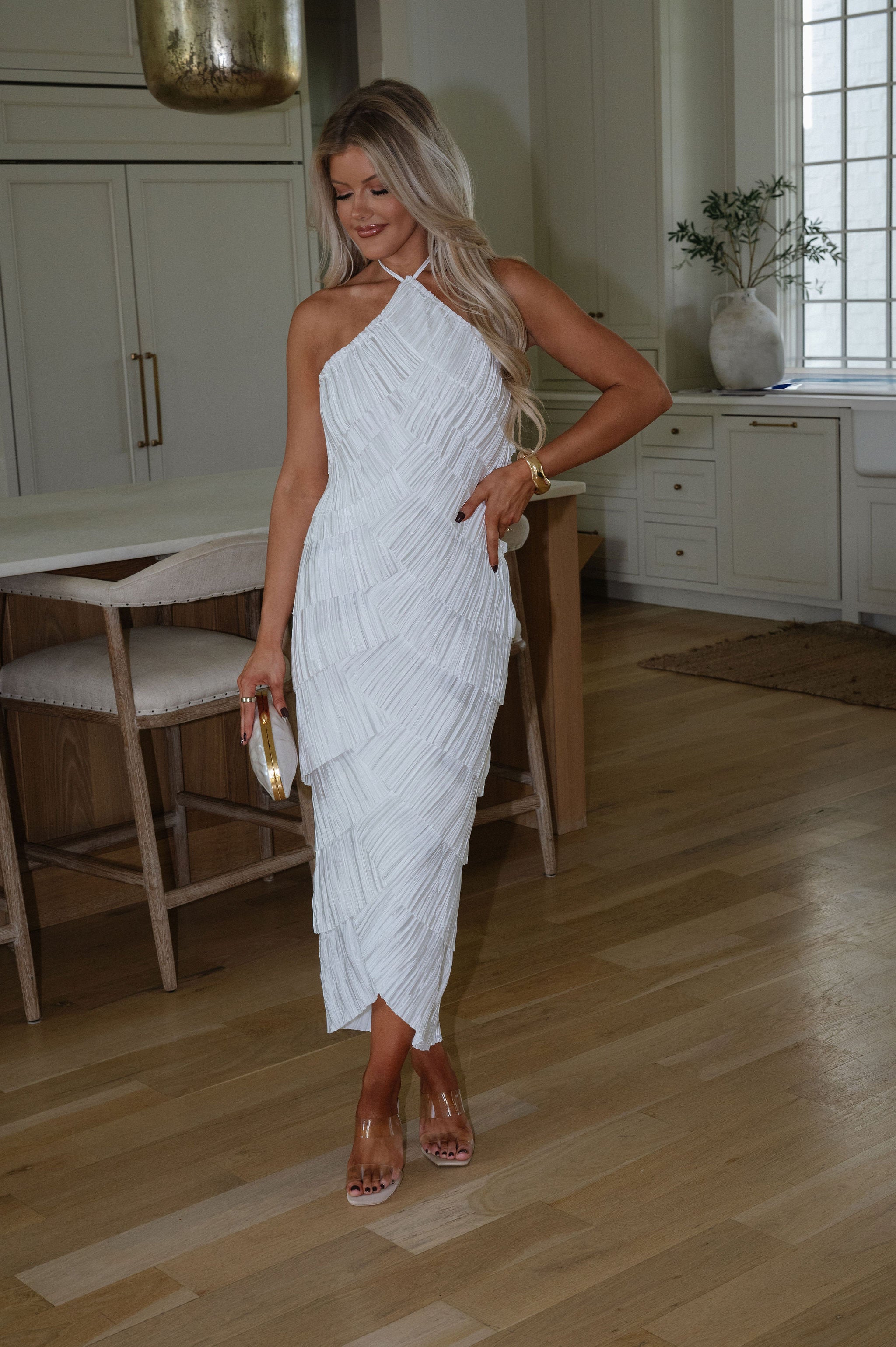 Hannah Pleated Midi Dress-White