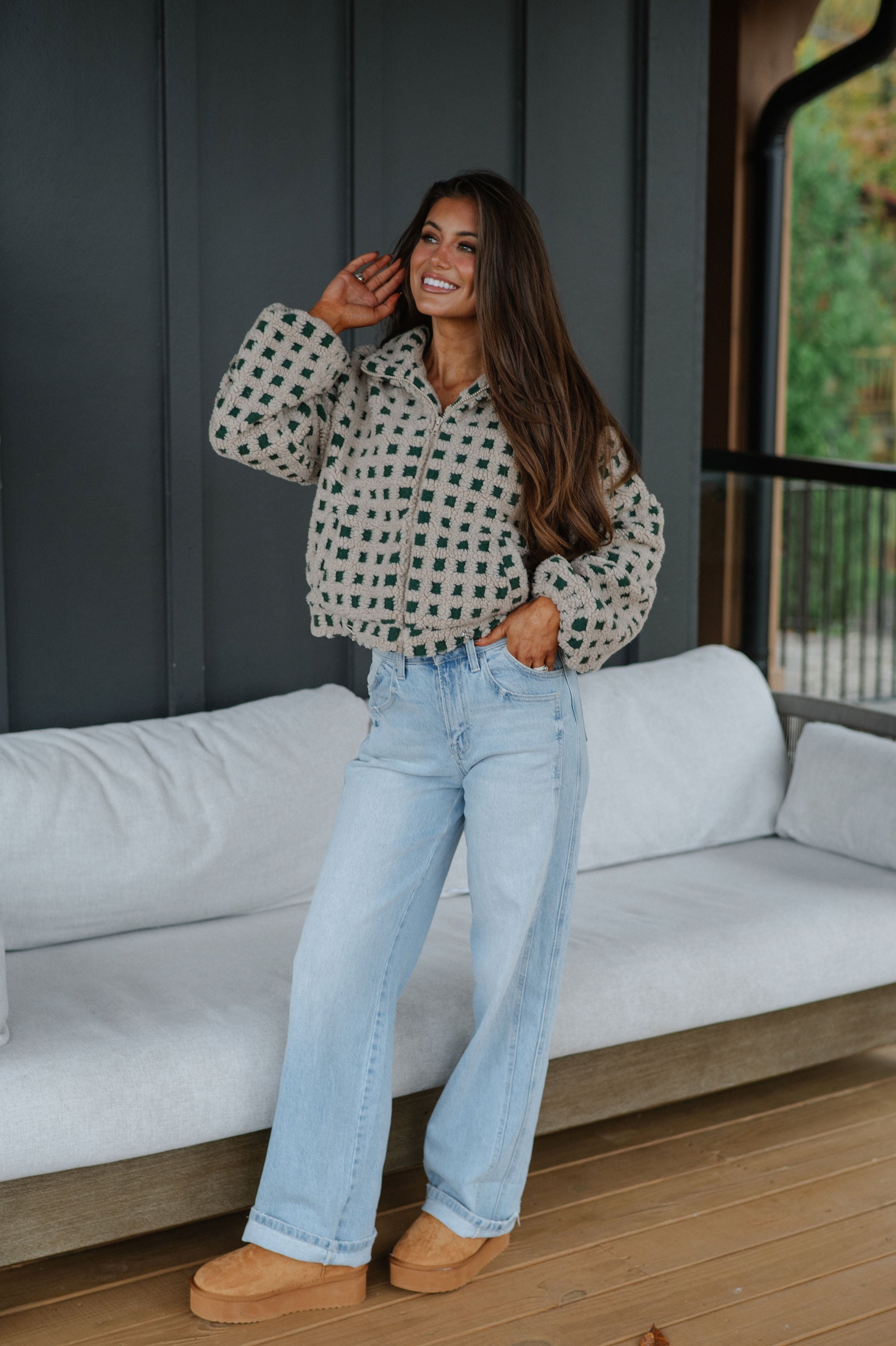 Checkered Sherpa Jacket-Taupe/Hunter Green