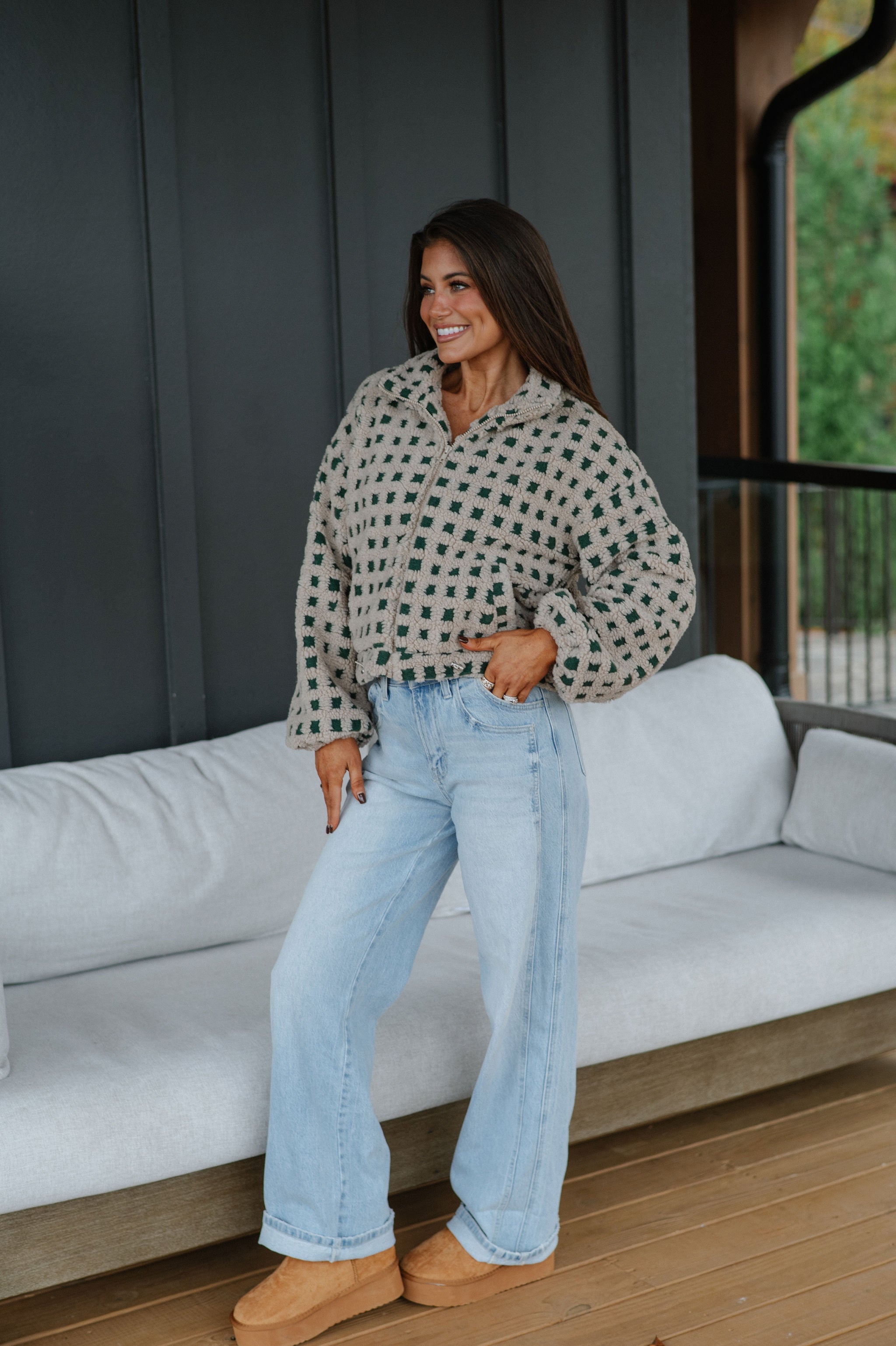 Checkered Sherpa Jacket-Taupe/Hunter Green