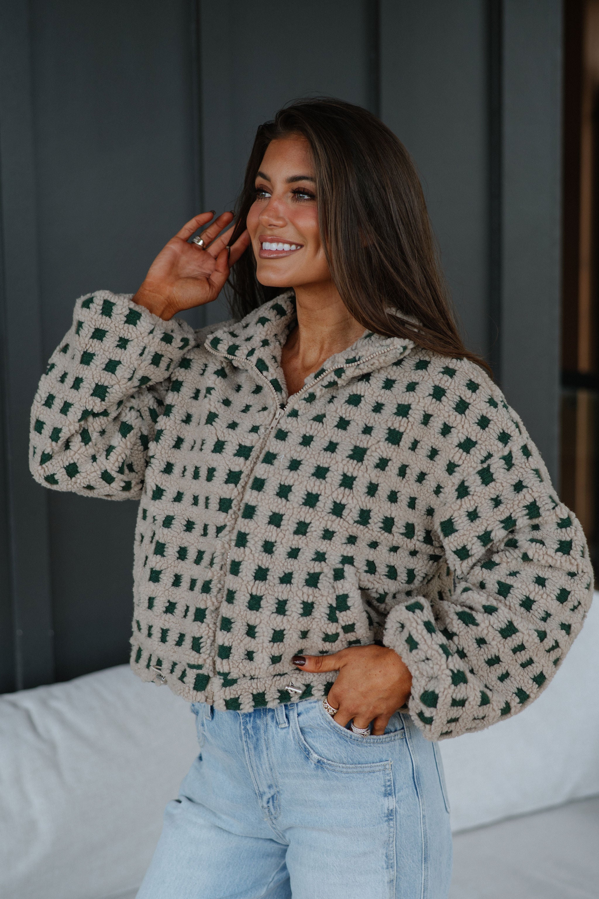 Checkered Sherpa Jacket-Taupe/Hunter Green