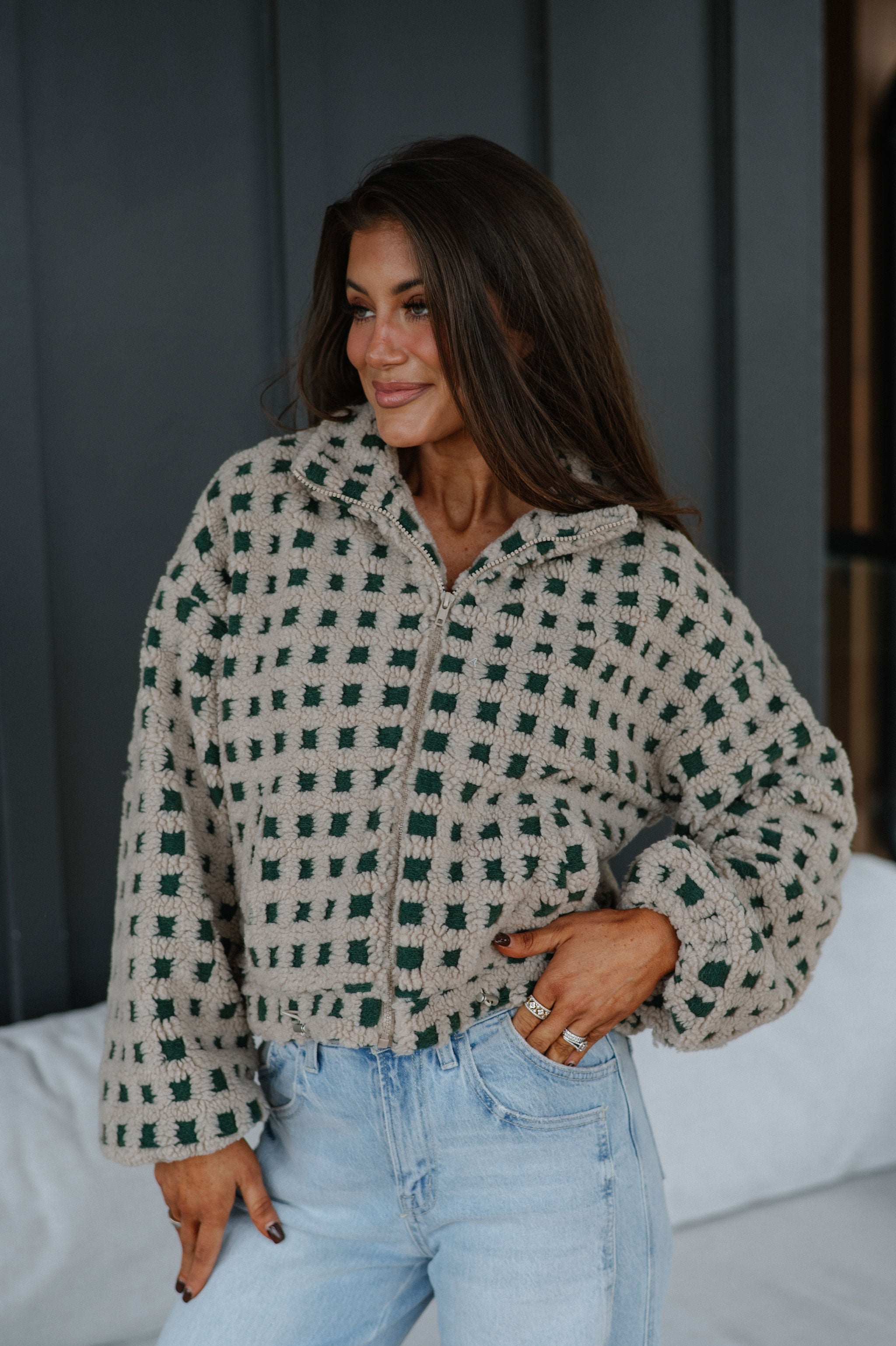 Checkered Sherpa Jacket-Taupe/Hunter Green