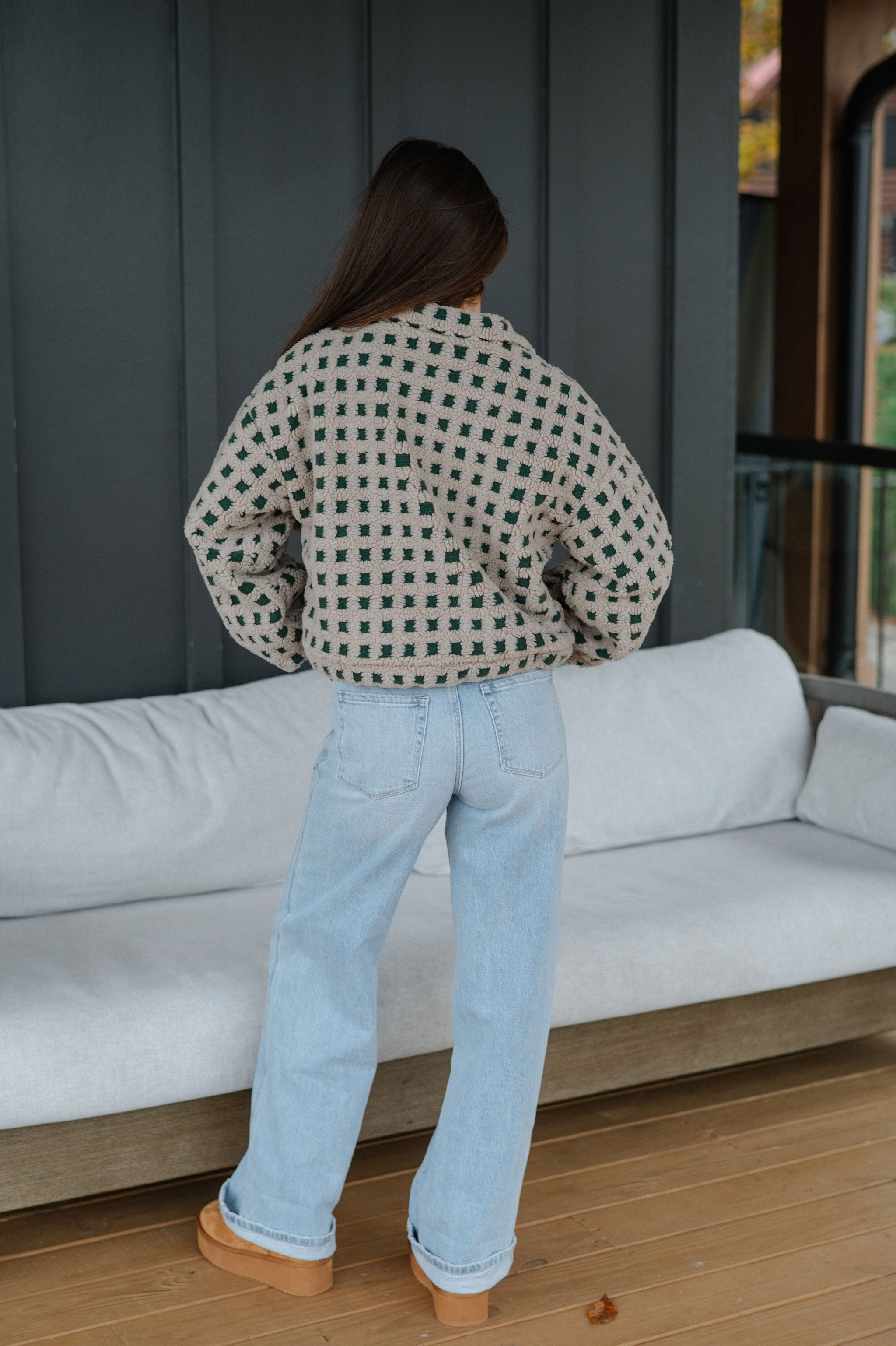 Checkered Sherpa Jacket-Taupe/Hunter Green