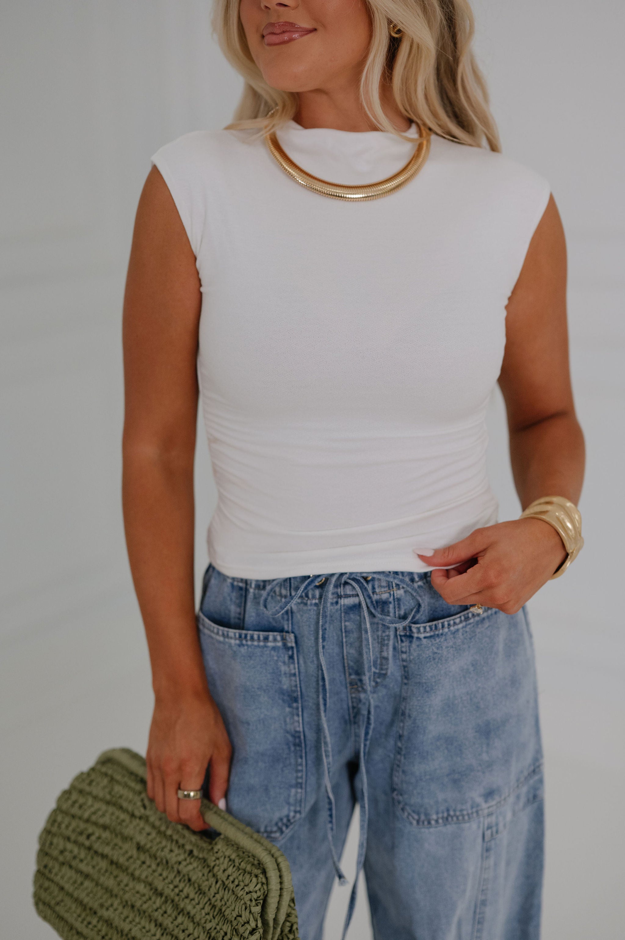 Side Ruched Mock Neck Top-Off White