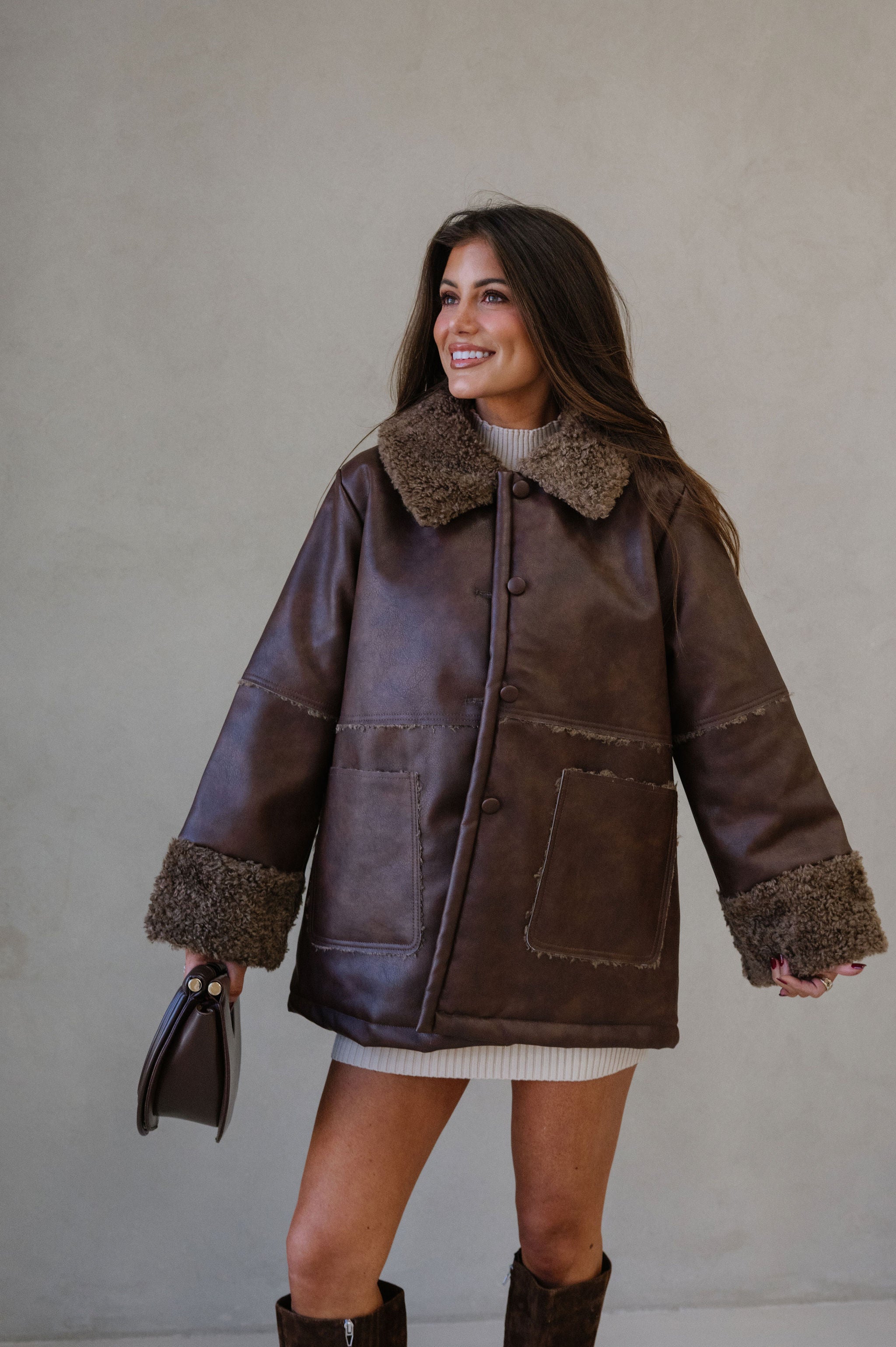 Faux Leather Sherpa Trim Jacket-Brown