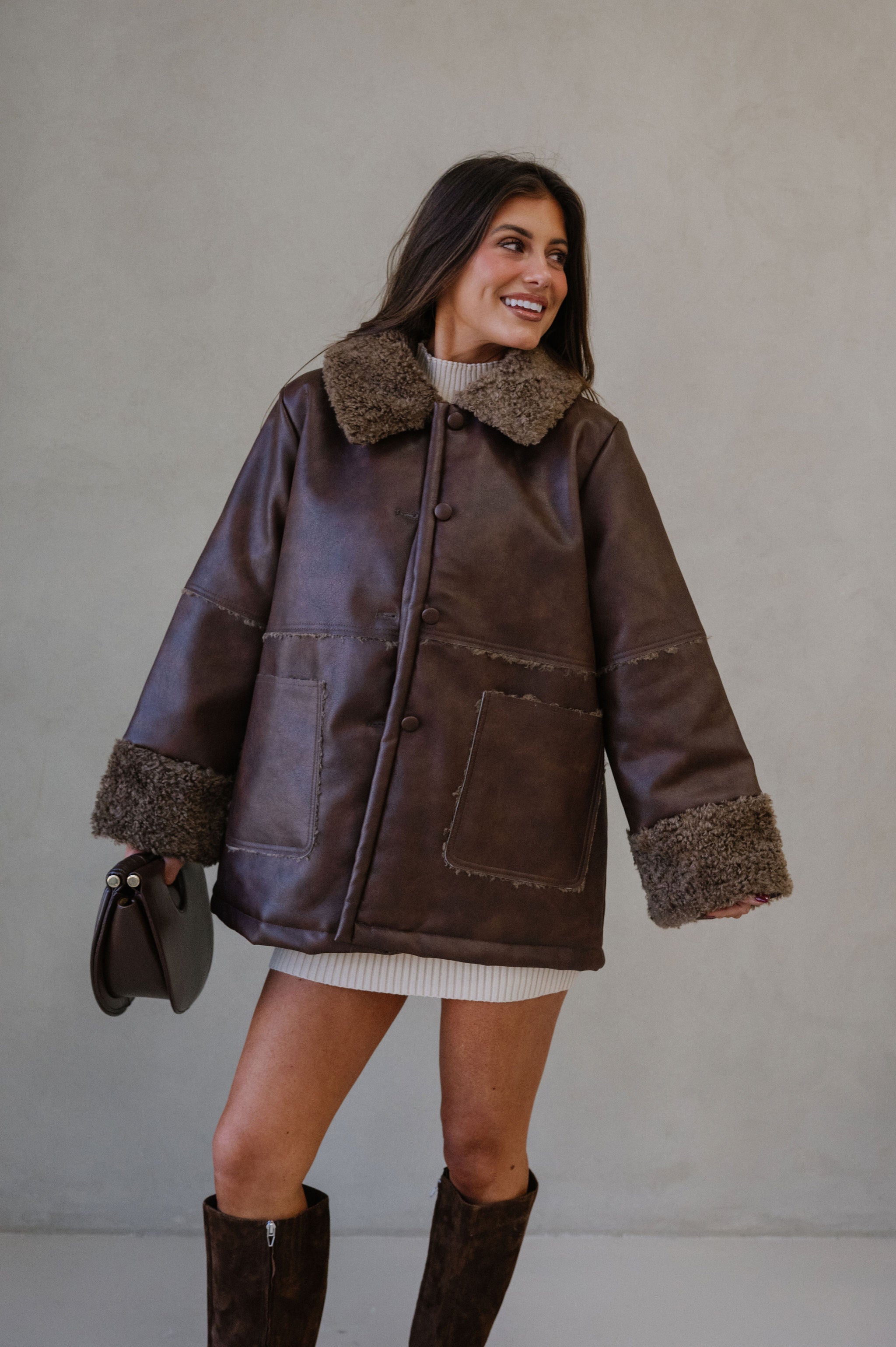 Faux Leather Sherpa Trim Jacket-Brown