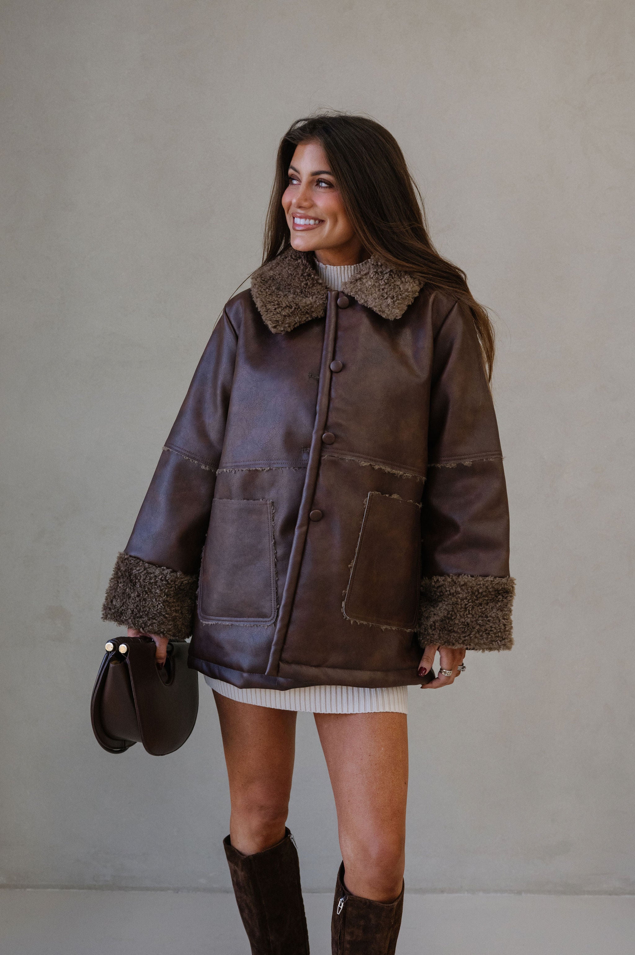 Faux Leather Sherpa Trim Jacket-Brown