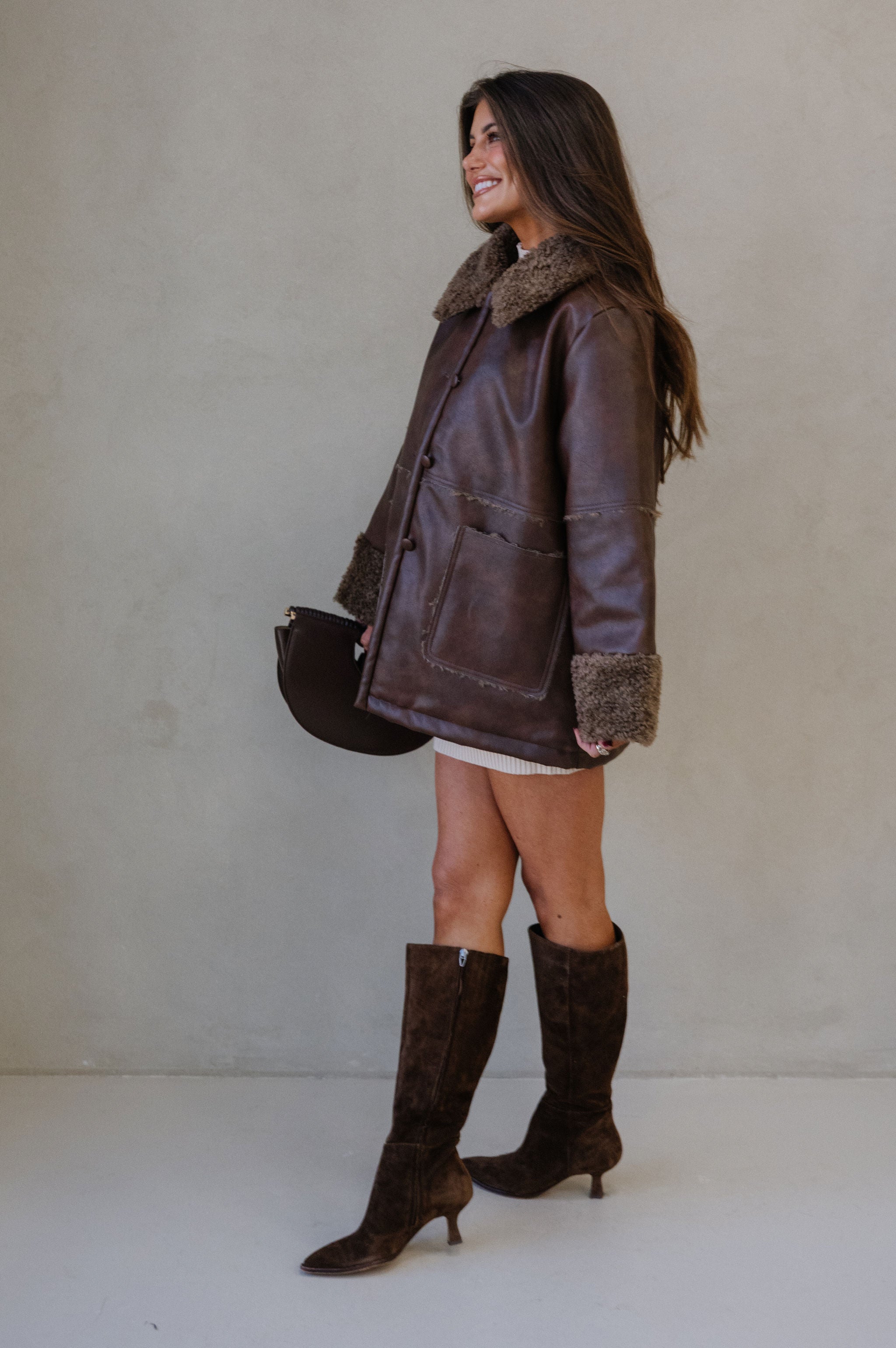 Faux Leather Sherpa Trim Jacket-Brown
