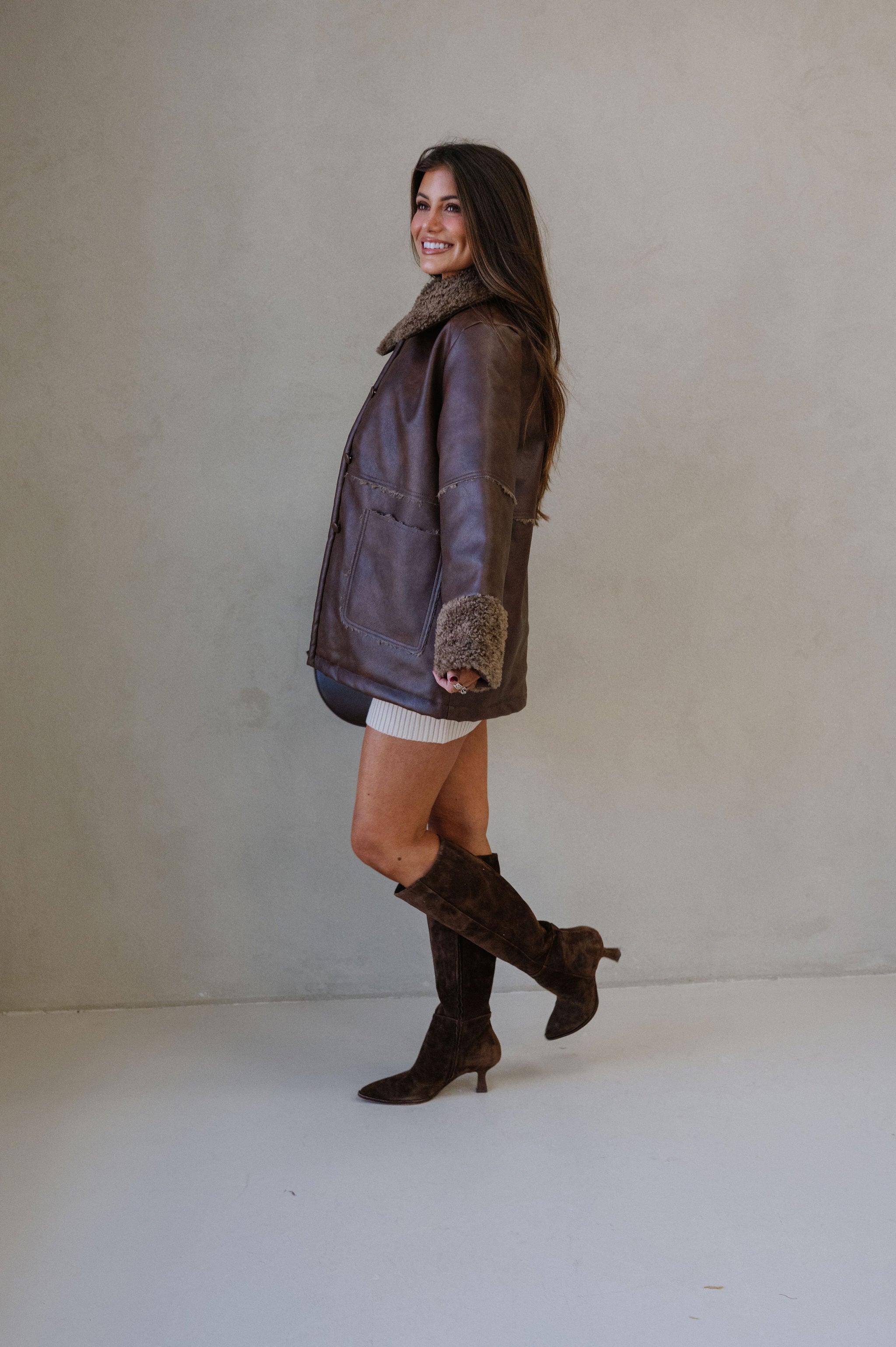 Faux Leather Sherpa Trim Jacket-Brown