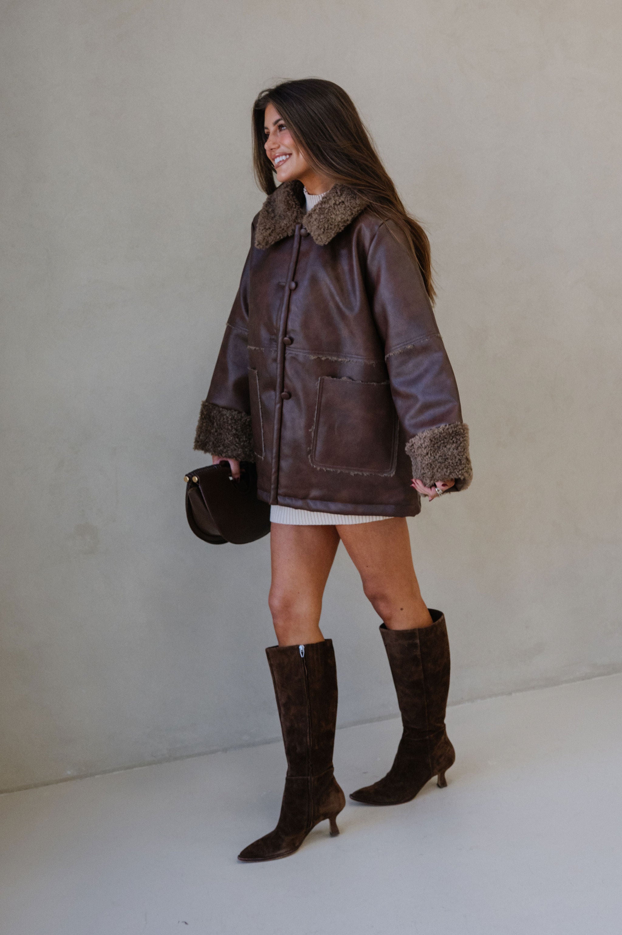 Faux Leather Sherpa Trim Jacket-Brown