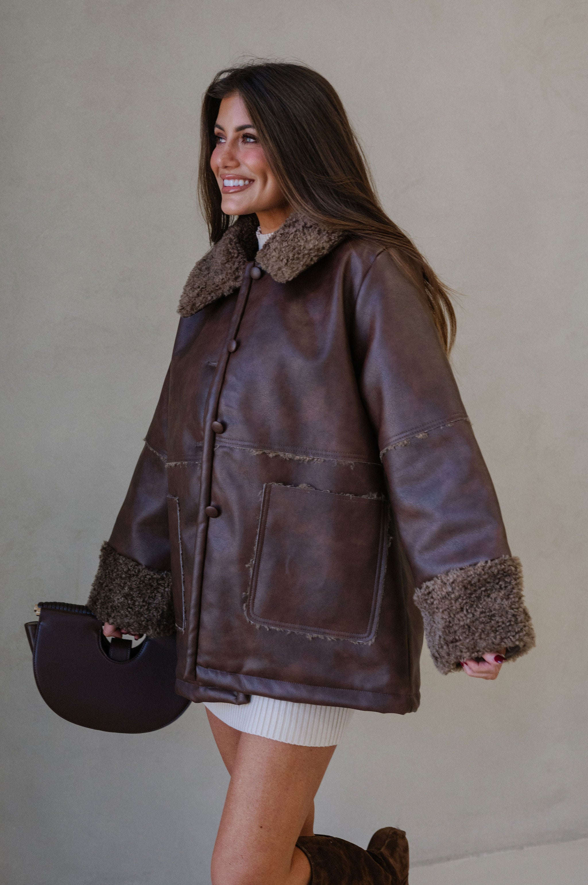Faux Leather Sherpa Trim Jacket-Brown