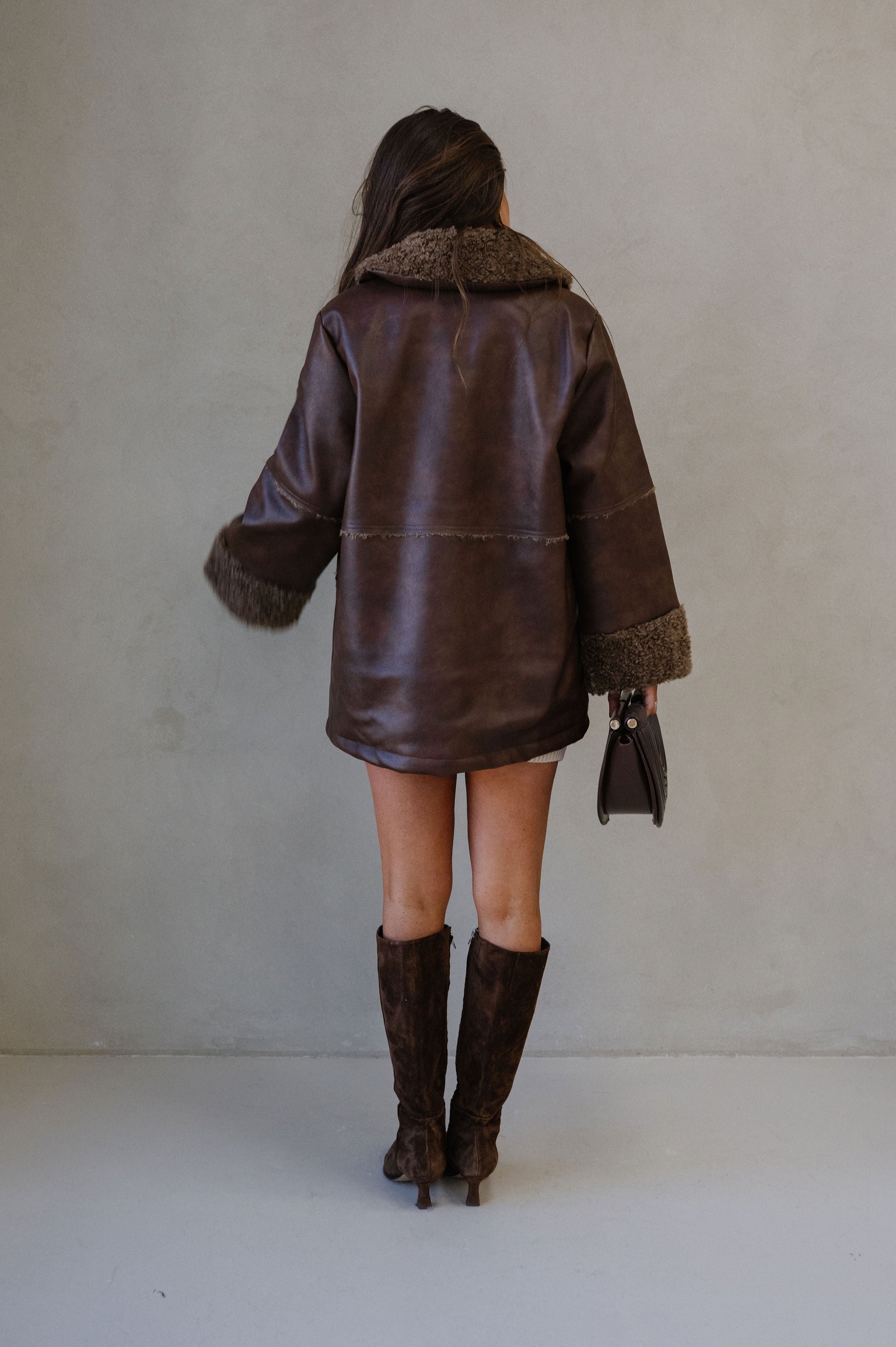 Faux Leather Sherpa Trim Jacket-Brown