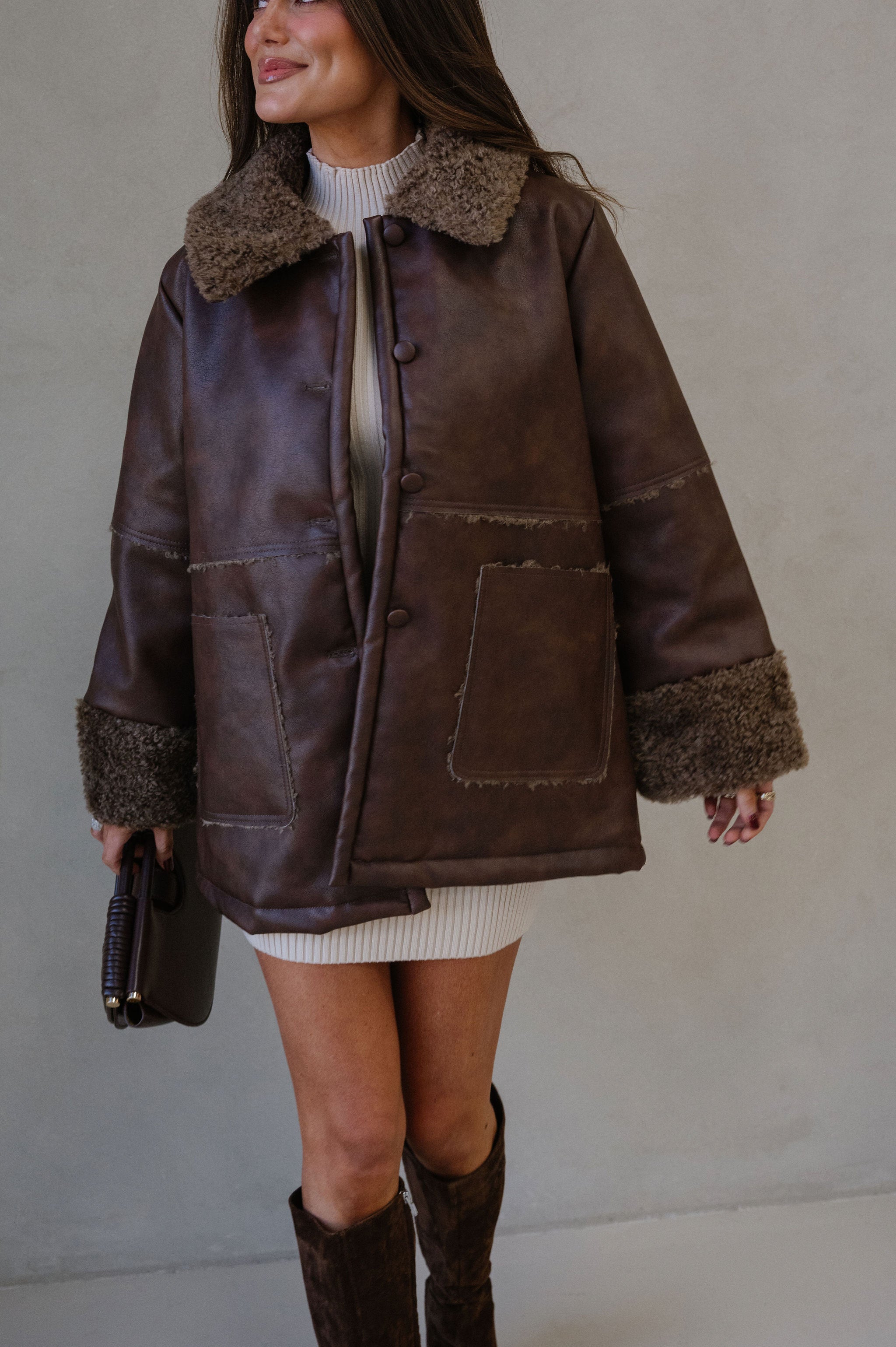 Faux Leather Sherpa Trim Jacket-Brown