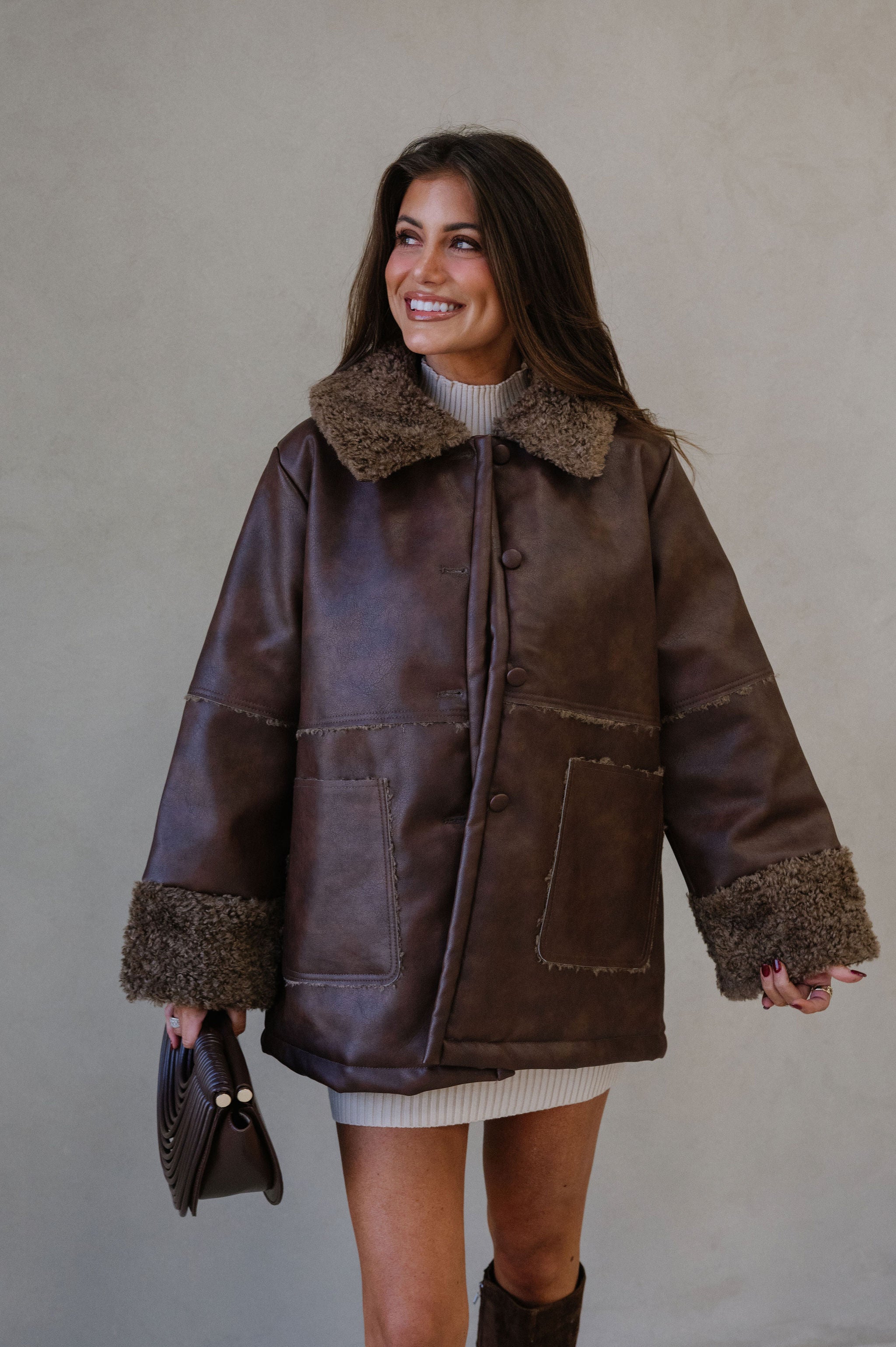 Faux Leather Sherpa Trim Jacket-Brown