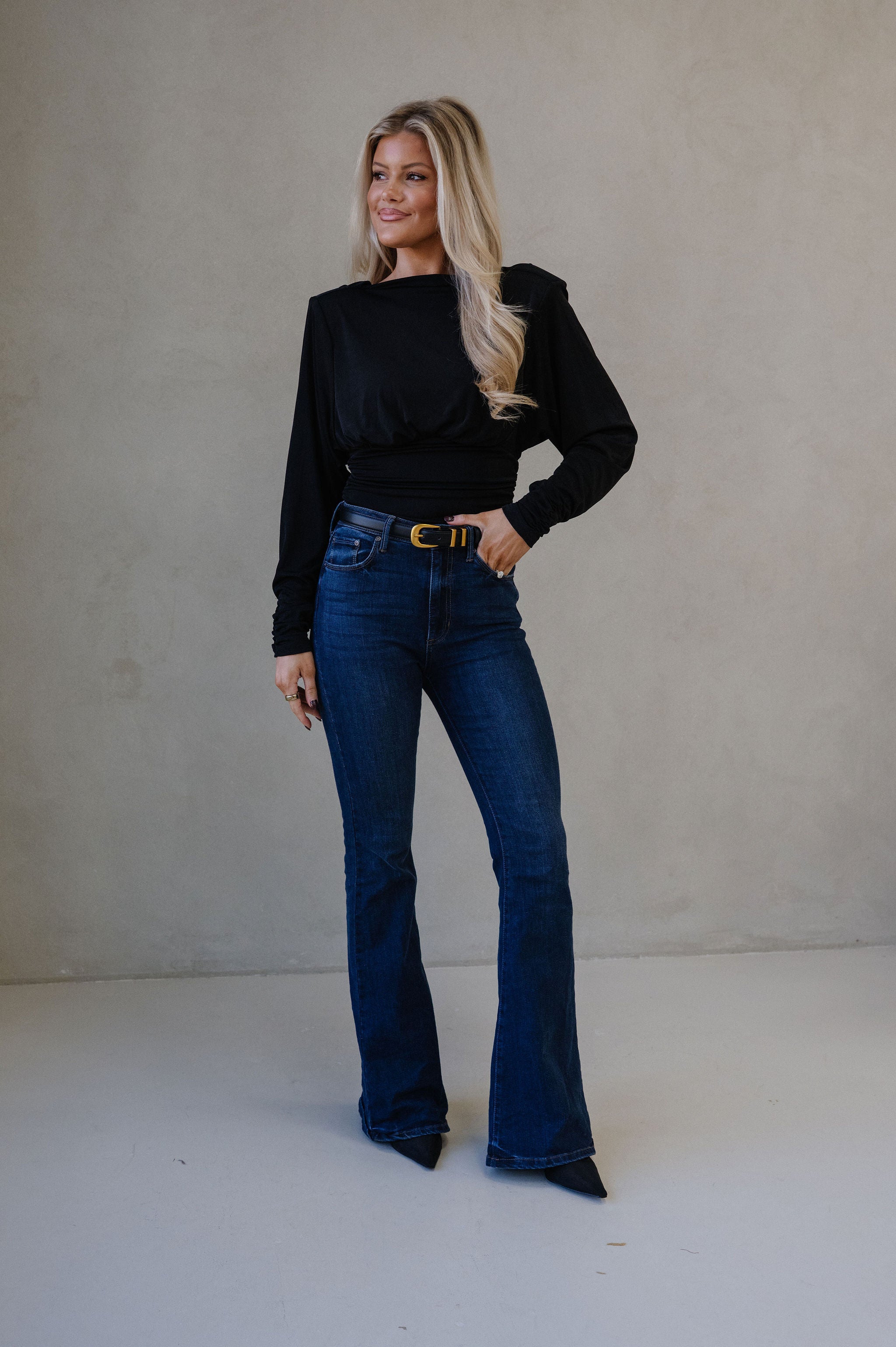 Cowl Back Ruched Top-Black