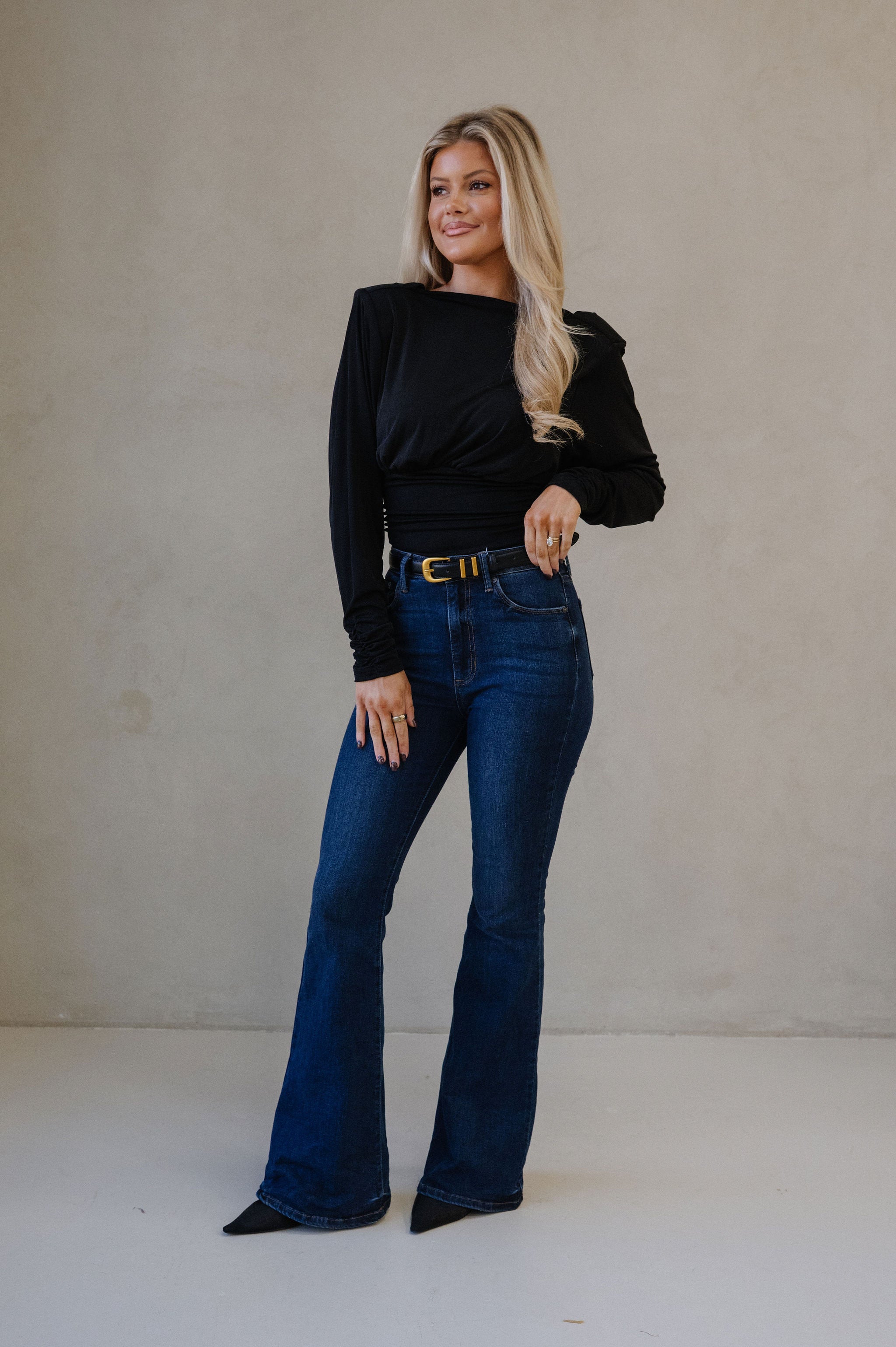 Cowl Back Ruched Top-Black