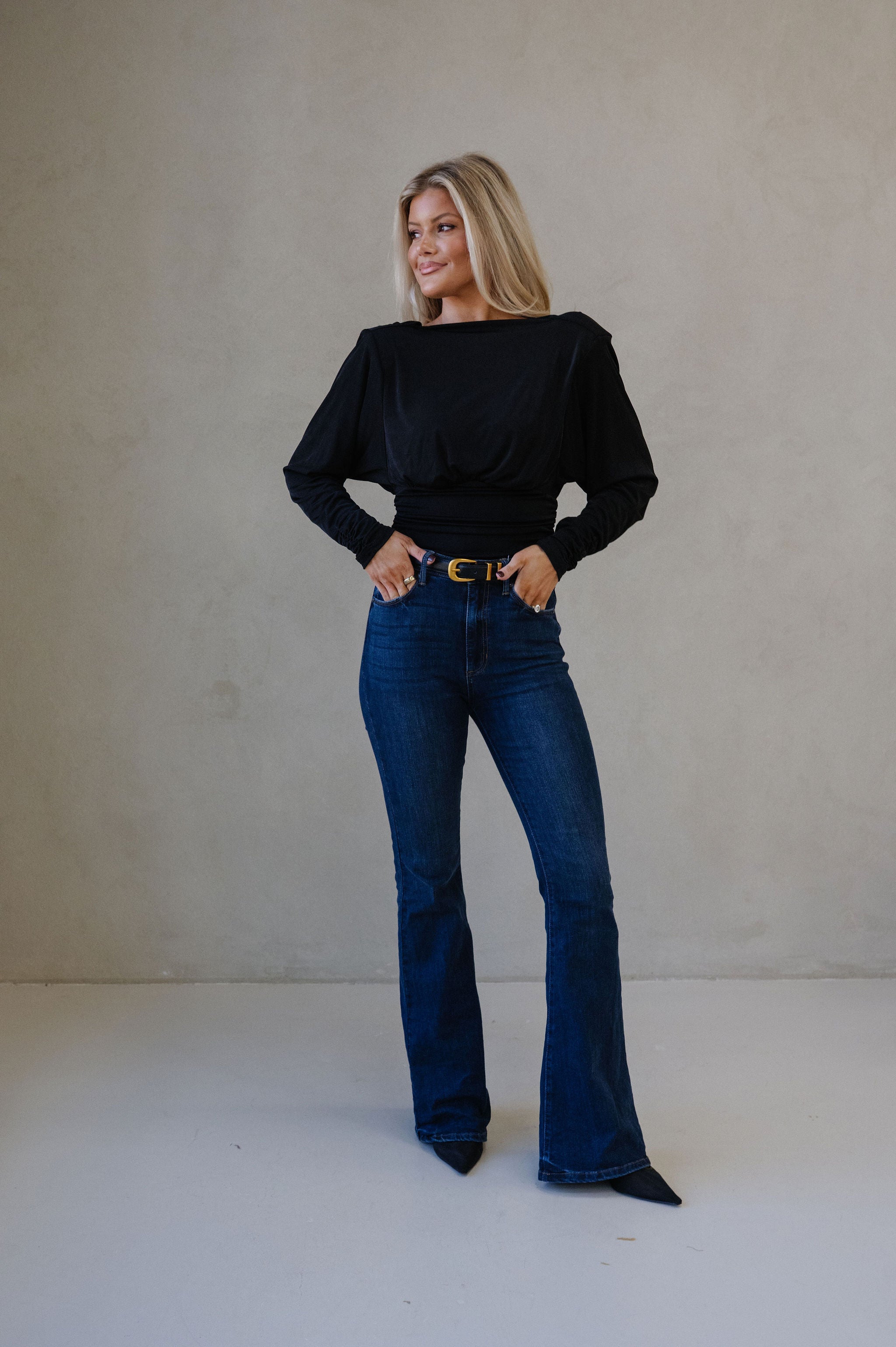 Cowl Back Ruched Top-Black