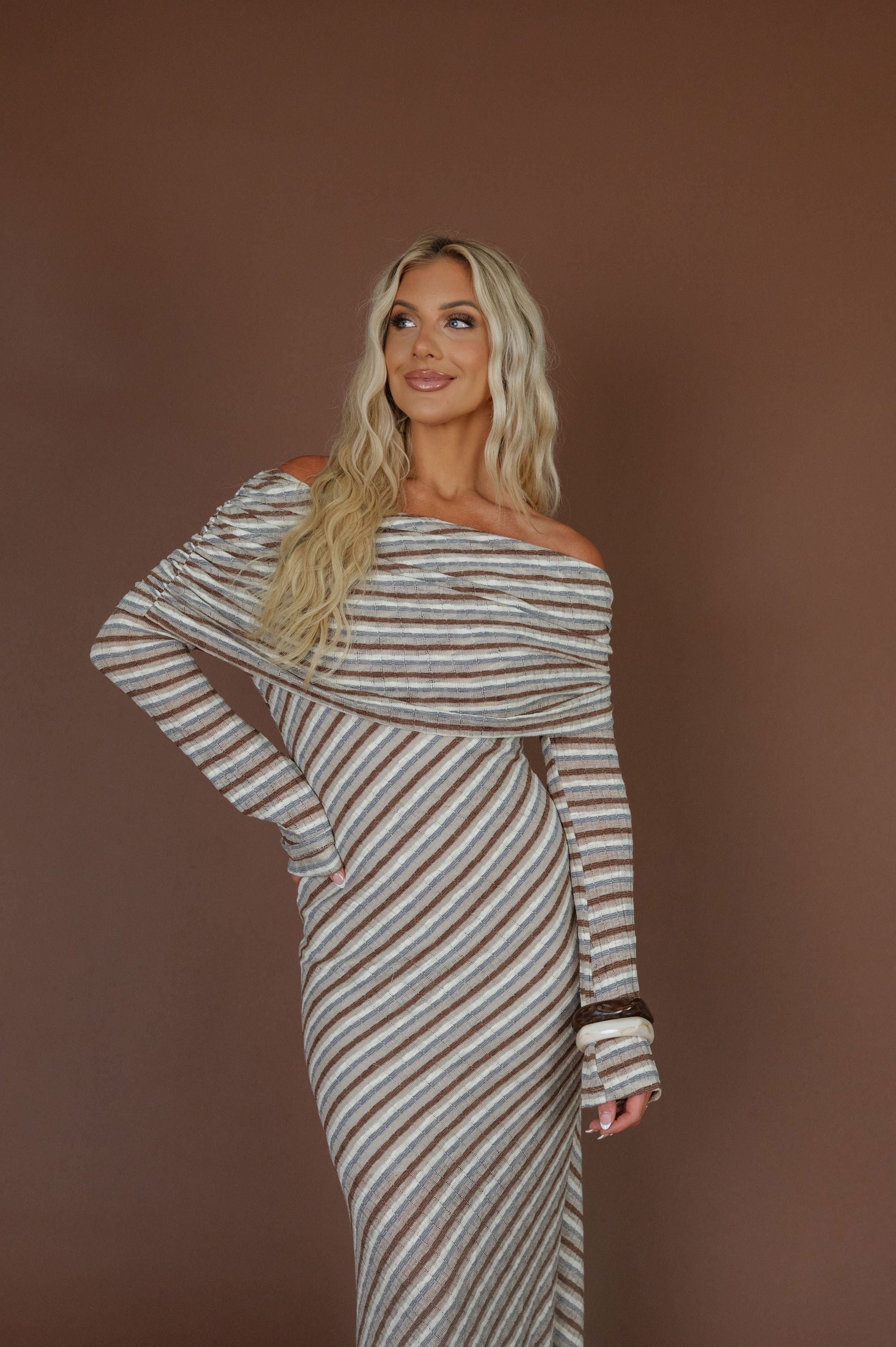 Striped Foldover Maxi Dress-Taupe Combo