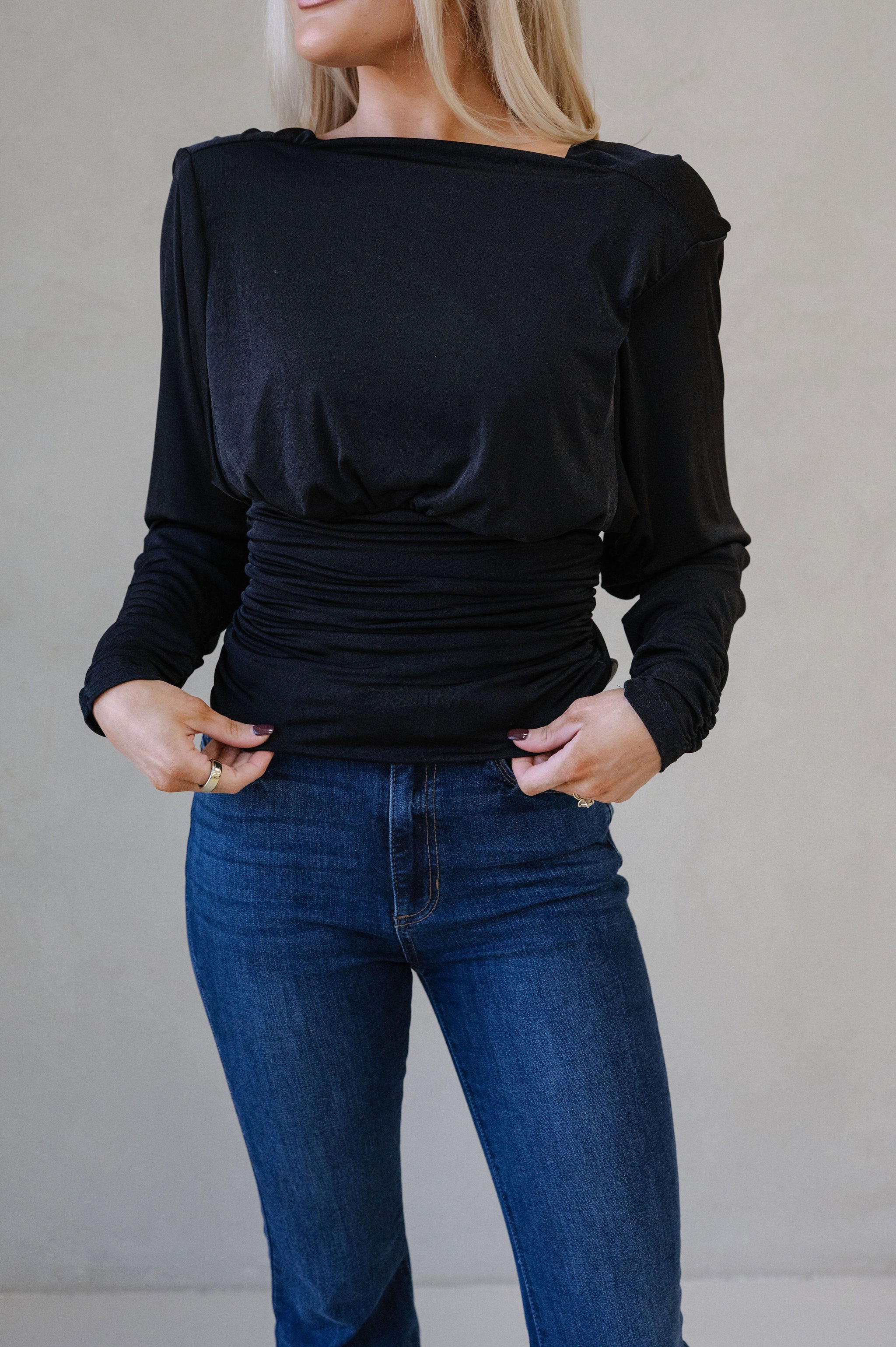 Cowl Back Ruched Top-Black