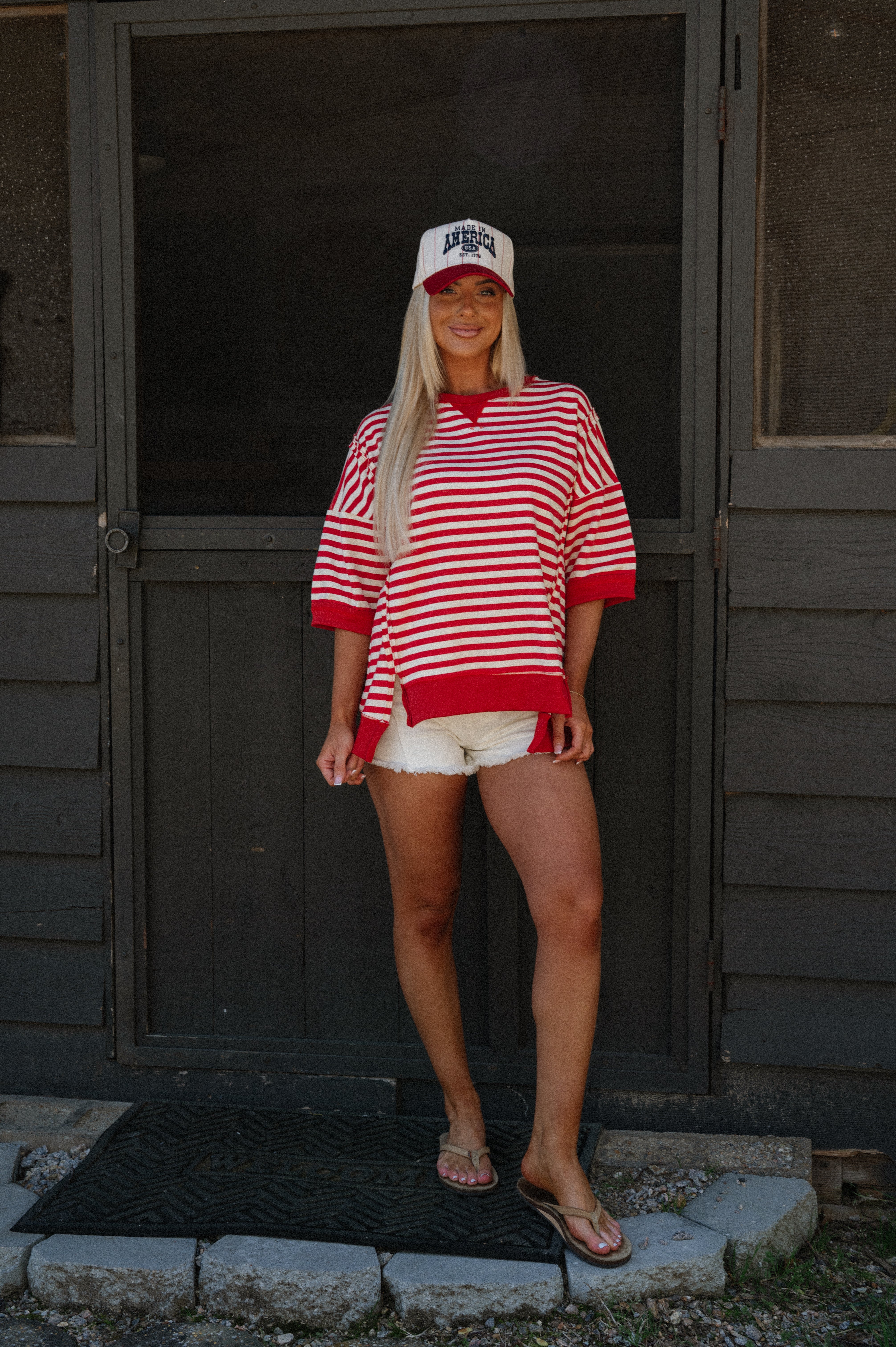 Loxley Oversized Striped Top-Red/Cream