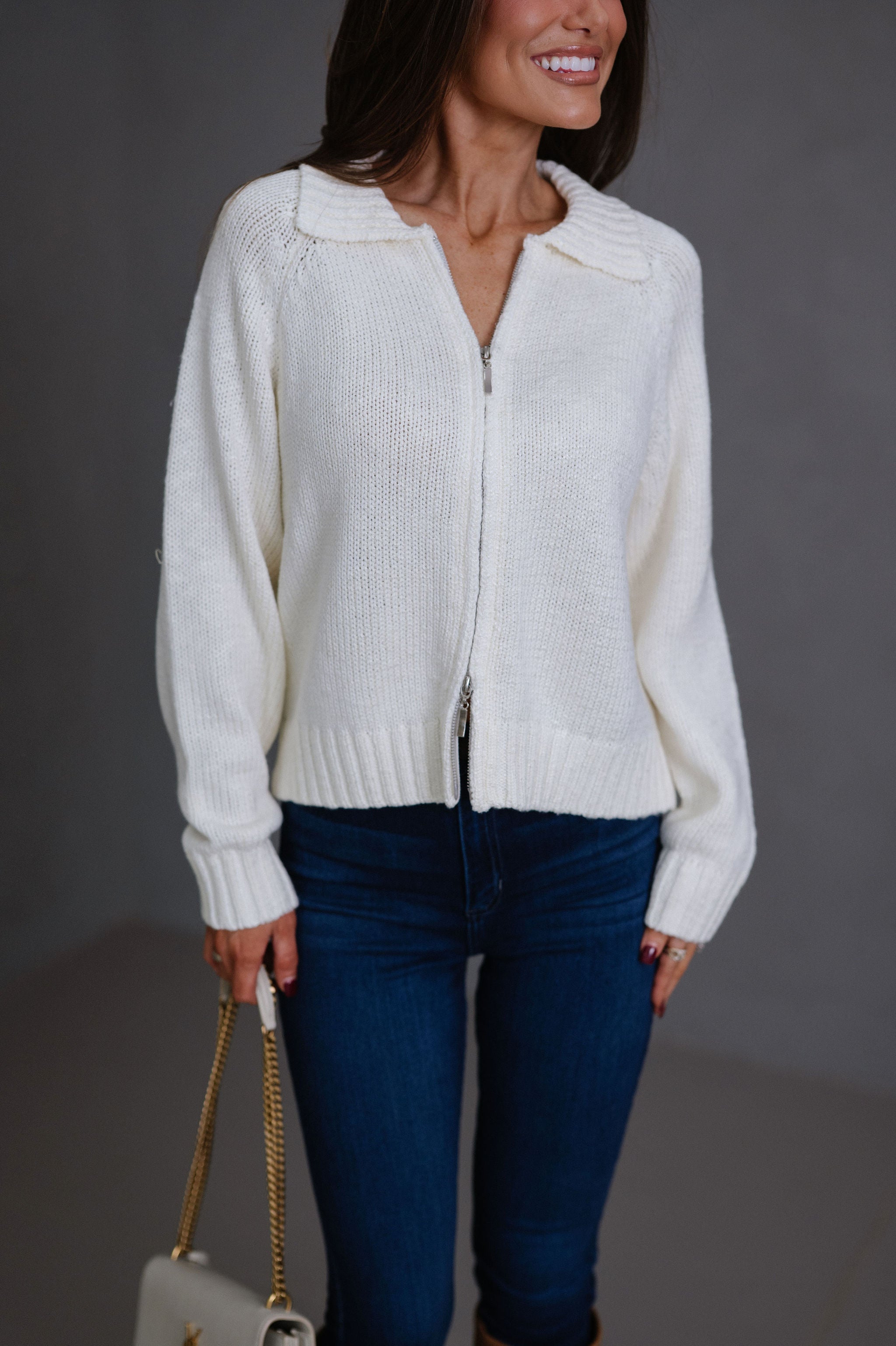 Riya Zip Up Knit Sweater-Cream