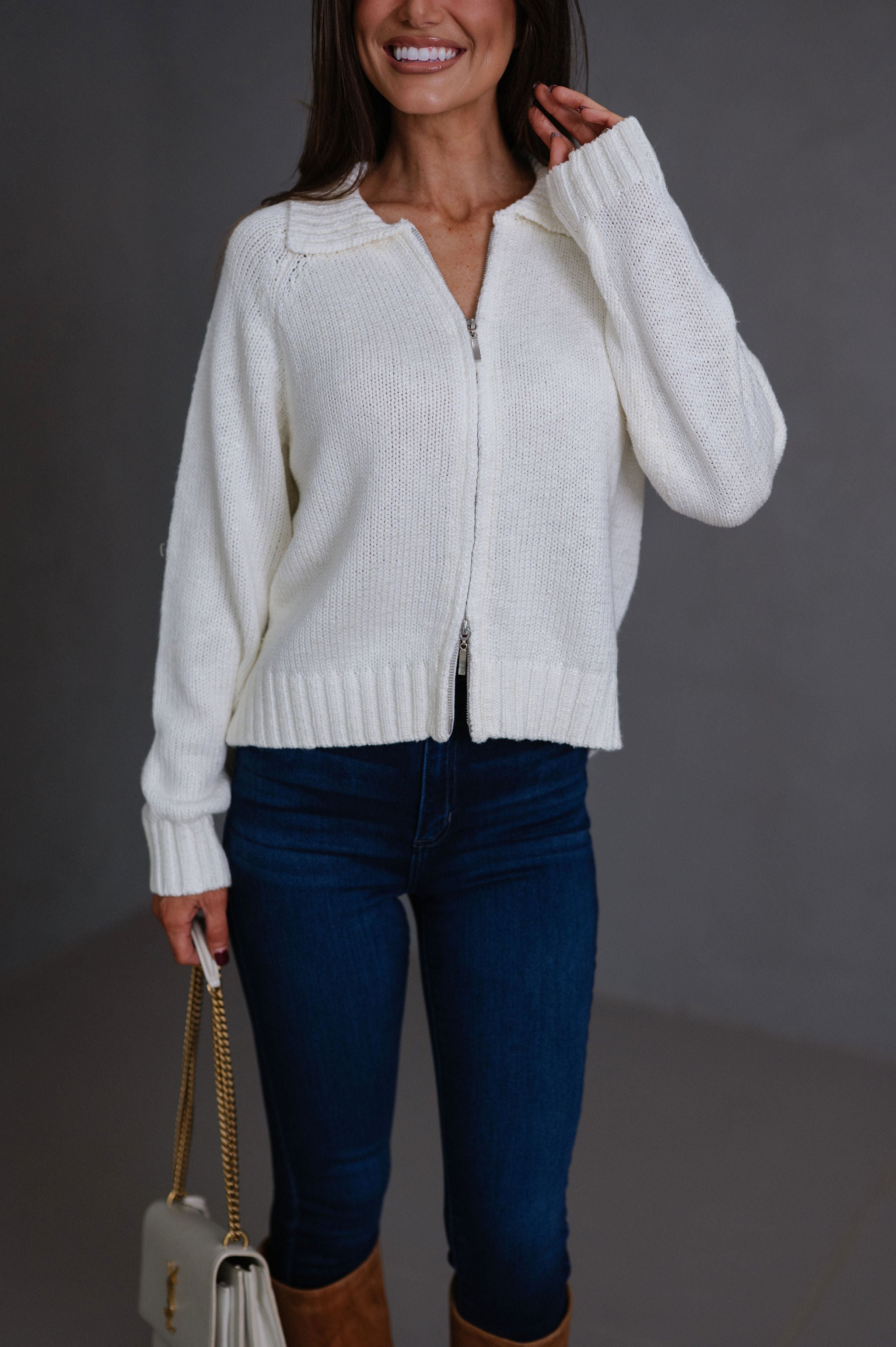 Riya Zip Up Knit Sweater-Cream