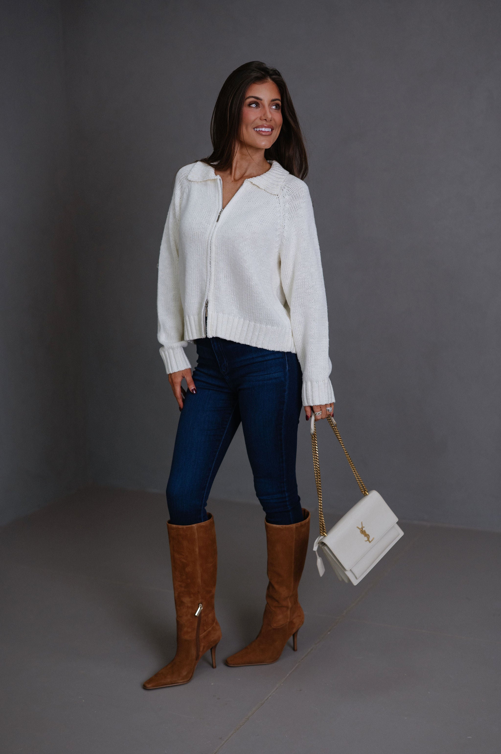 Riya Zip Up Knit Sweater-Cream